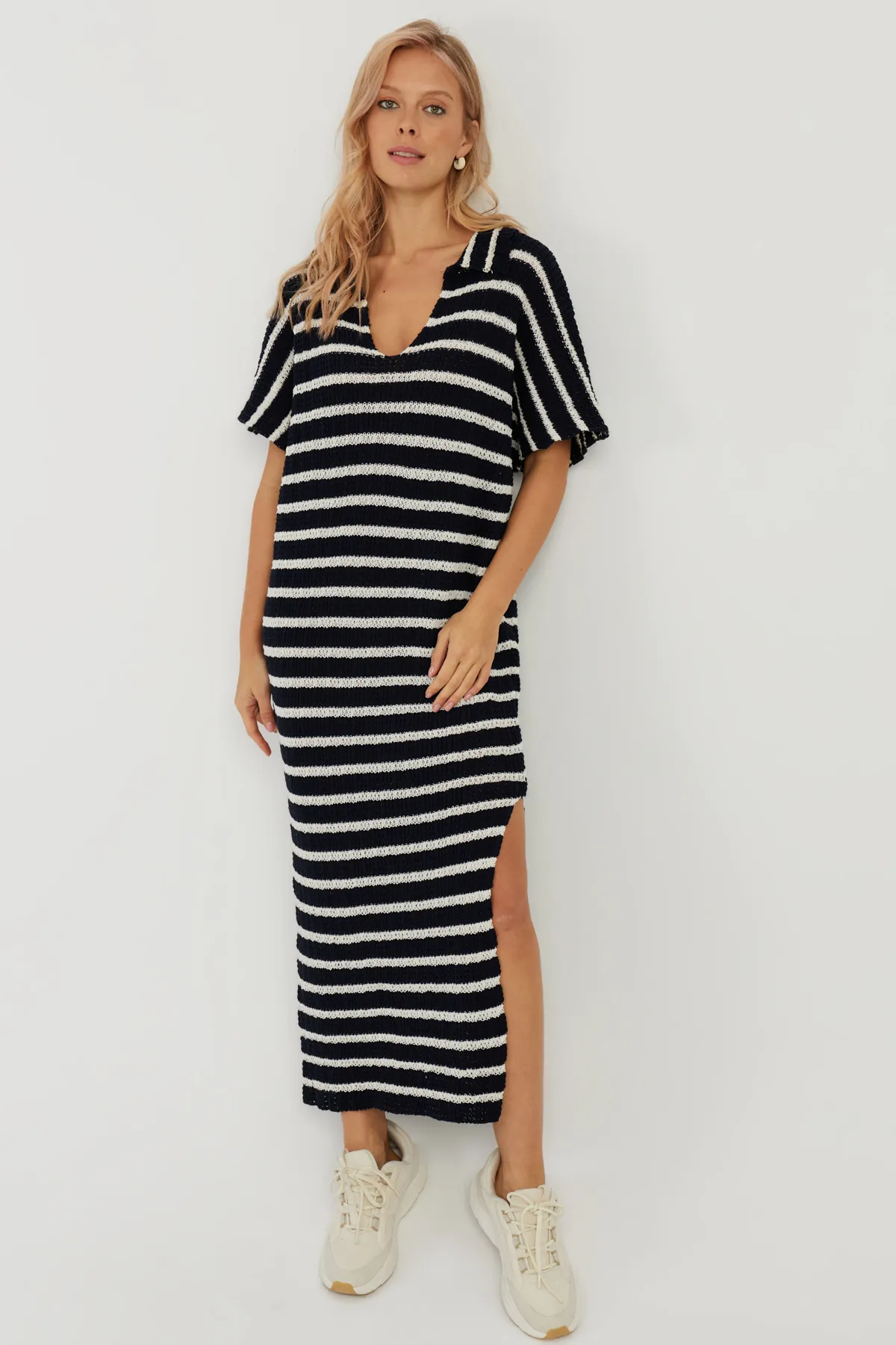 Cool & Sexy  Marineblau-ecrufarbenes, geschwungenes Midikleid aus Strick für Damen YZ622