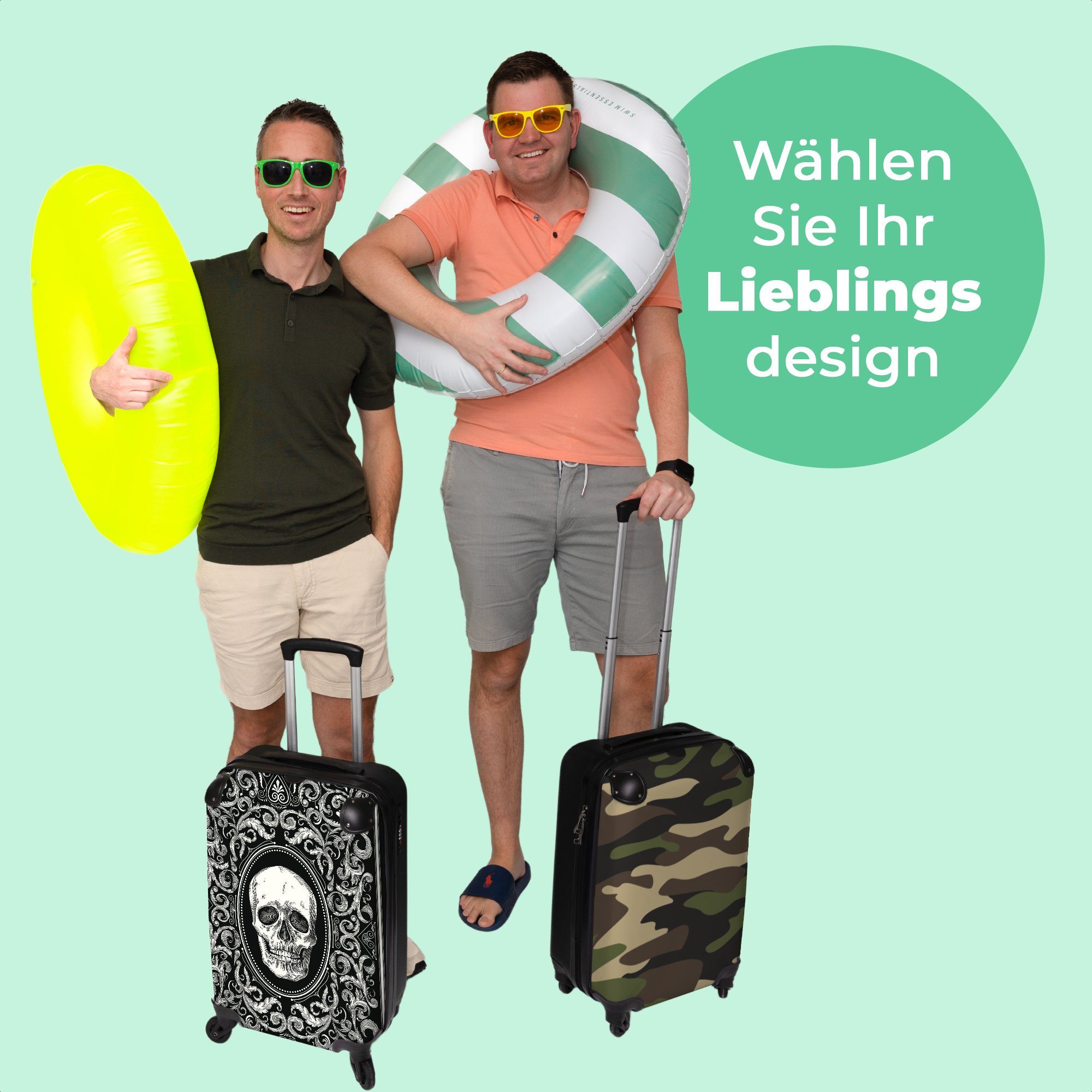 NoBoringSuitcases.com© Handgepäckkoffer 55x35x20cm Spielkarte - Totenkopf - Design - Schwarz und weiß - Männer, 4 Rollen, Handgepäck Trolley Rollkoffer Kleine Reisekoffer mit 4 Rollen - Cabin
