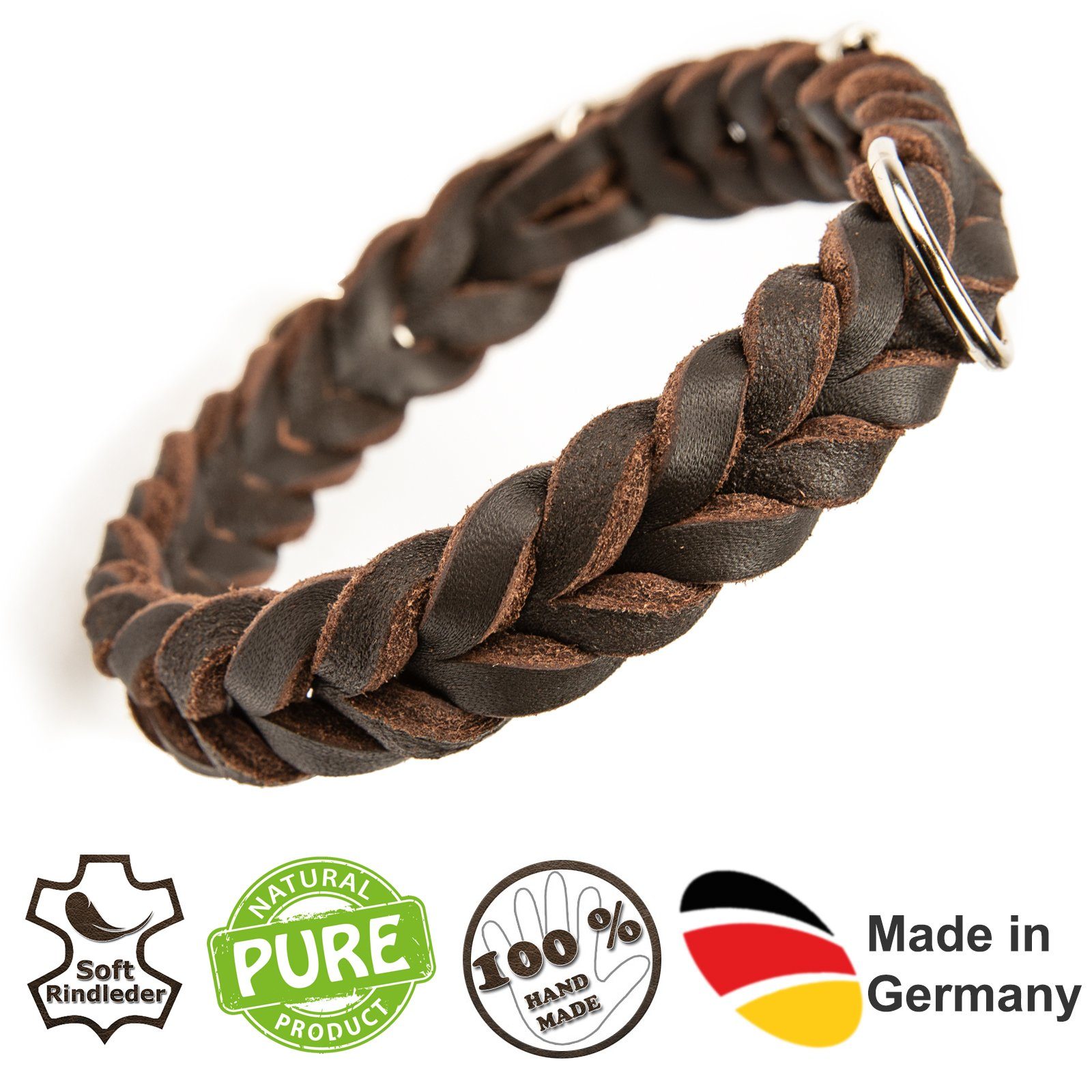 CopcoPet Hunde-Halsband Hundehalsband Fettleder halsband geflochten mit Dornschließe verchromt und Messing, Robust, nachhaltig, Naturprodukt