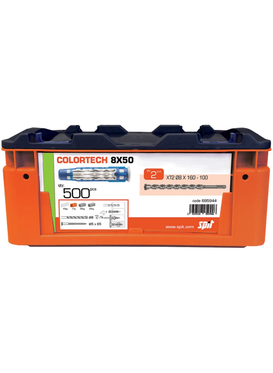 Spike Fixing 695944 ColorTech Universal Plug 8x50 500 Stück + 2 Bohrer im Koffer