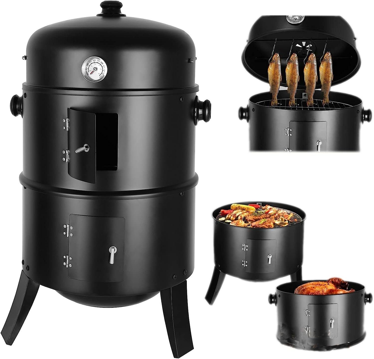 TLGREEN Smoker, Räucherofen, Räuchertonne, Ø44,5x80 cm, 3-in-1 Holzkohlegrill