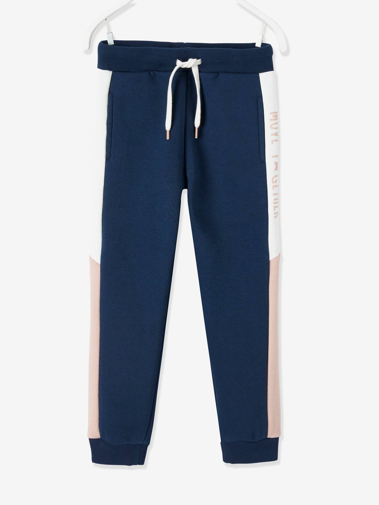 Pantalon jogging fille avec bandes côtés bleu grisé