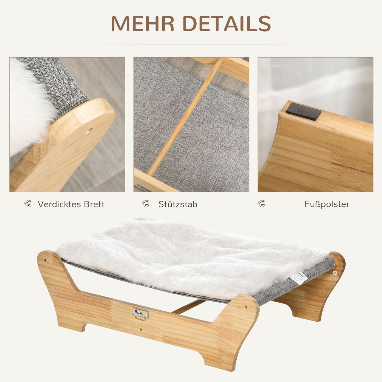 PawHut Katzenbett mit Gestell Hängematte für Katzen mit weichem Kissen Holz