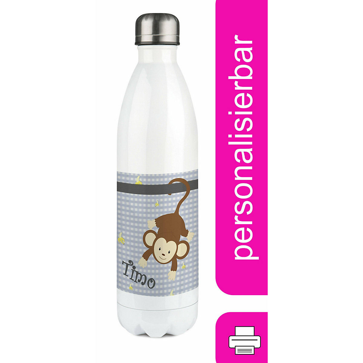 Edelstahl Kinder Thermoflasche / Trinkflasche bunt Affe hängend Farbe grau Spülmaschinenfest, Auslaufsicher, Bruchfest, Doppelwandig, Für Heißgetränke geeignet, Mit Deckel, Isoliert