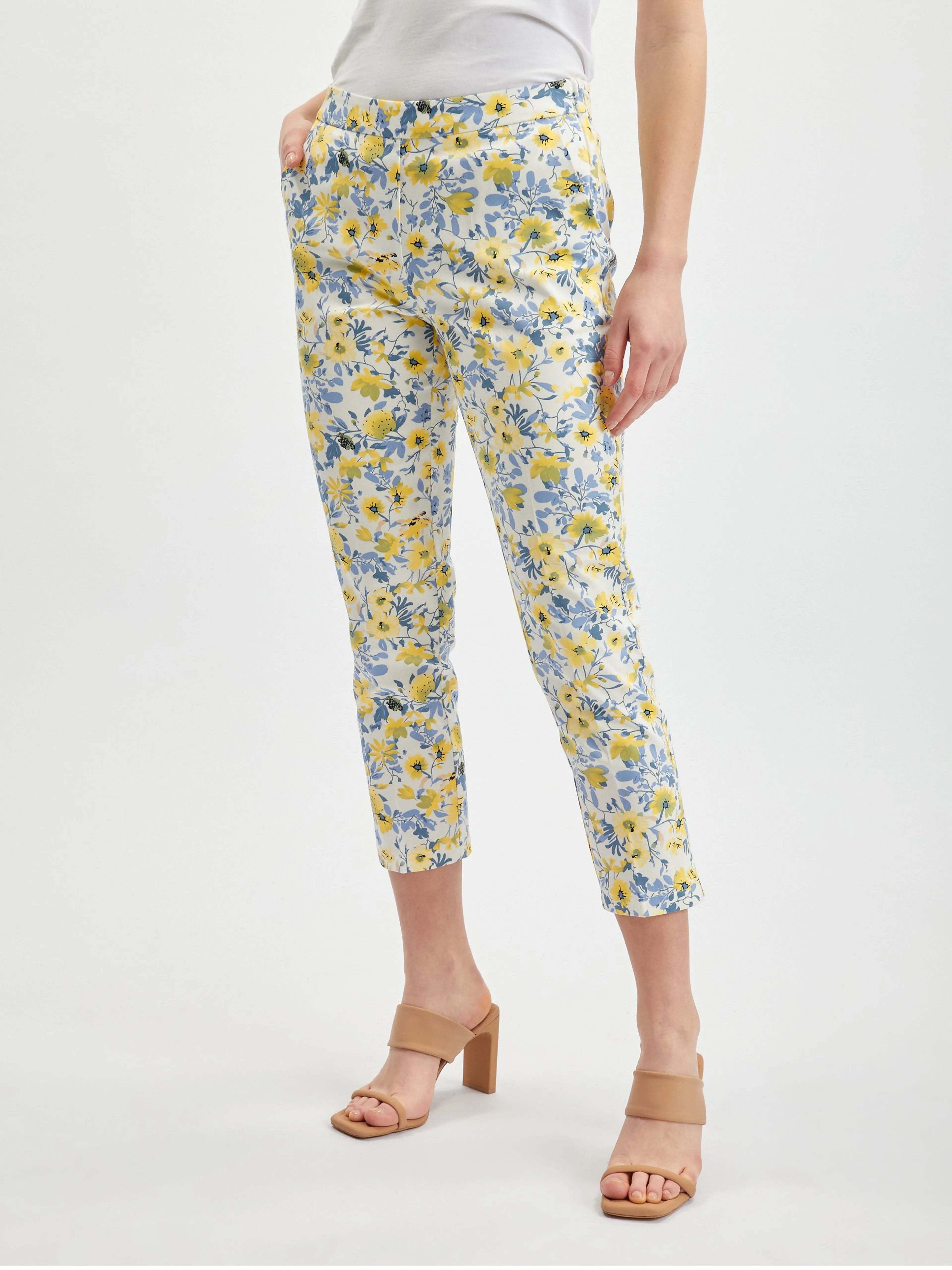 Gelb-weiße geblümte Damen-Cropped-Hose ORSAY