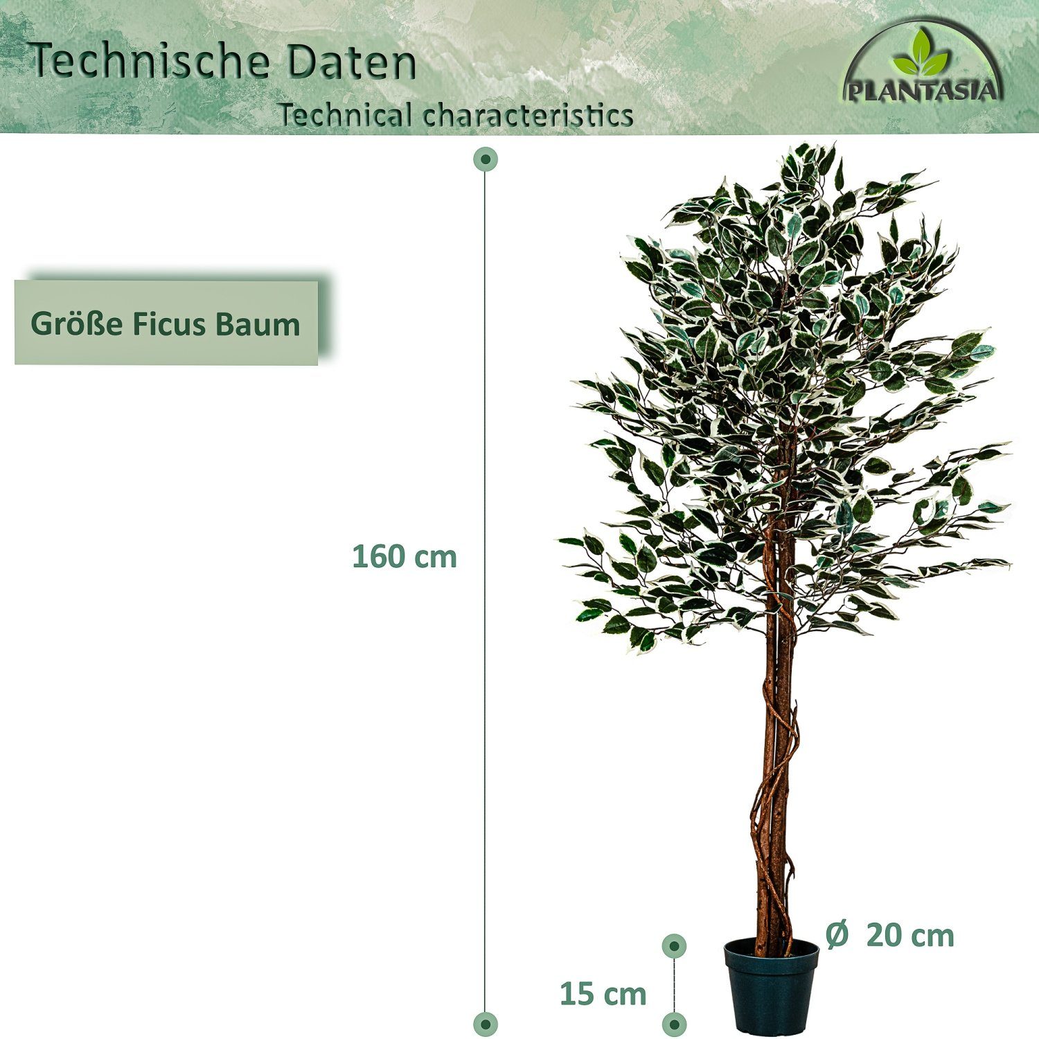 Kunstbaum Künstlicher Ficus Benjamini Ficusbaum Kunstpflanze Ficusbaum, PLANTASIA, Höhe 160,00 cm, 160 cm, 714 Blätter, Echtholzstamm, Größenwahl