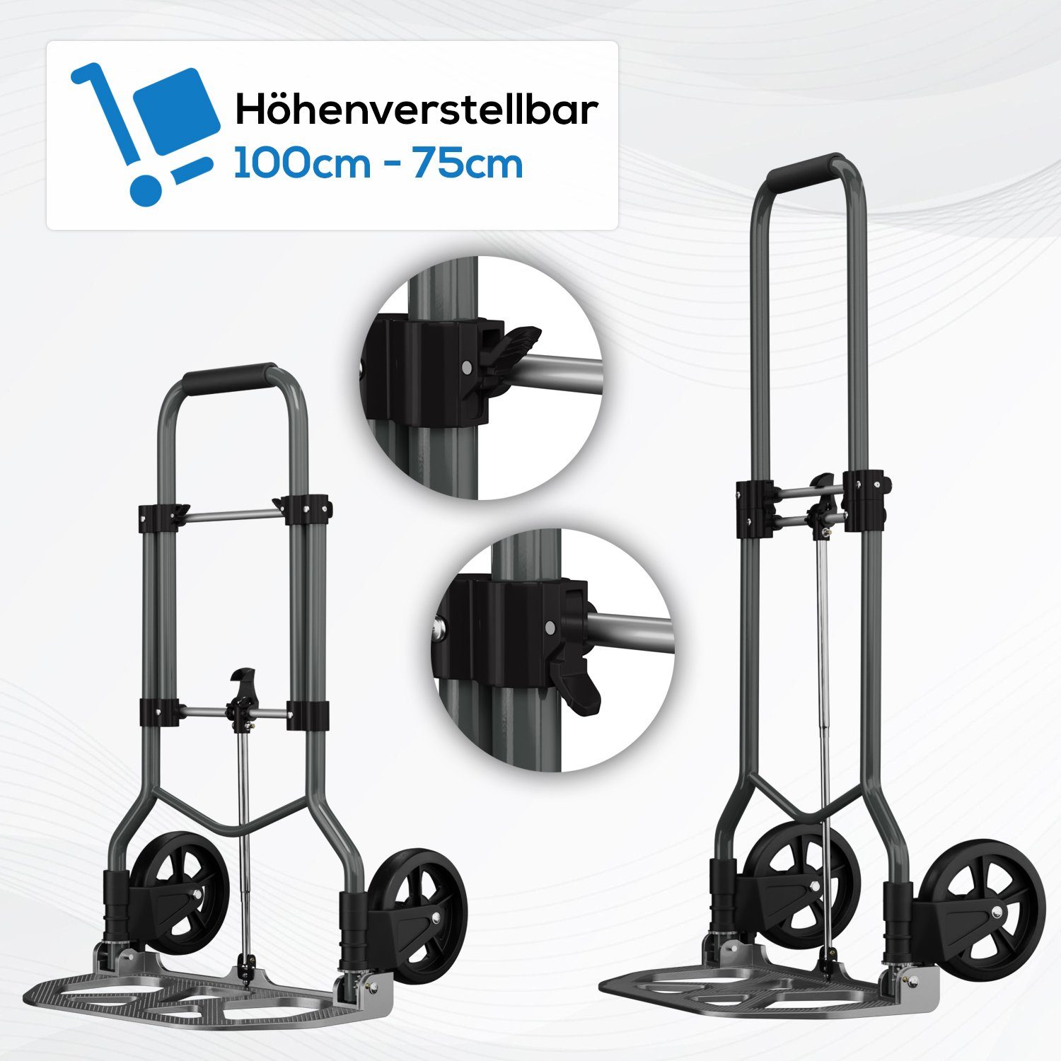 TroniTechnik Sackkarre Handkarre Transportkarre Handwagen, klappbar bis 100 kg Tragfähigkeit, (Transportkarre mit fixierbarem Tragegriff, rutschfeste Transportfläche), faltbar, BxTxH 48x42x98cm, Handkarre zum Transport, Schaumstoffgriff