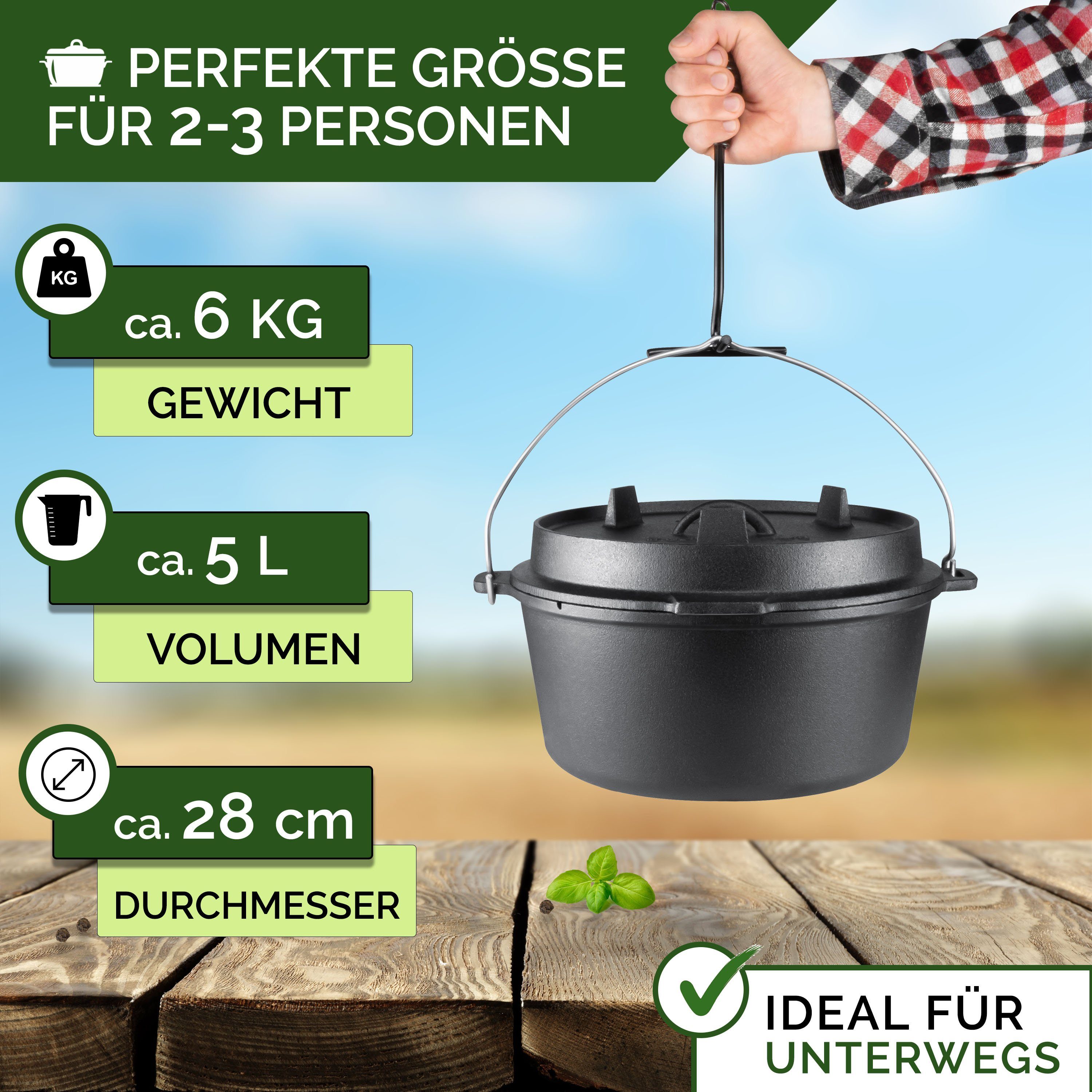 Funkenflug Feuertopf Eingebranntes Dutch Oven Set - für gesellige Grill Abenteuer, Gusseisen (Dutch Oven Set, Braeter, 5-tlg., - BBQ Feuertopf aus massivem dickwandigen Gusseisen), inkl Edelstahluntersetzer & Dutch-Oven Zubehör Set