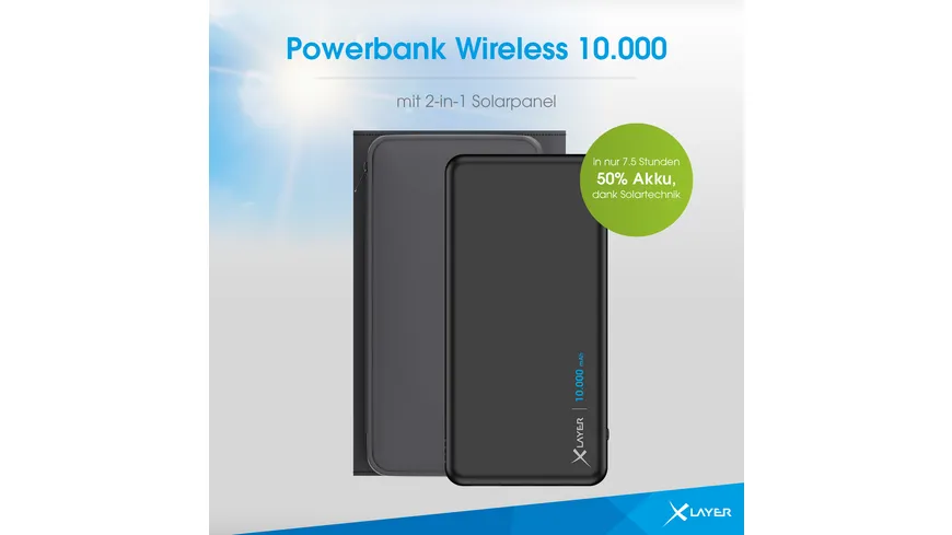 XLayer Powerbank 15W Wireless 10.000 mAh mit 2-in-1 Solarpanel Black