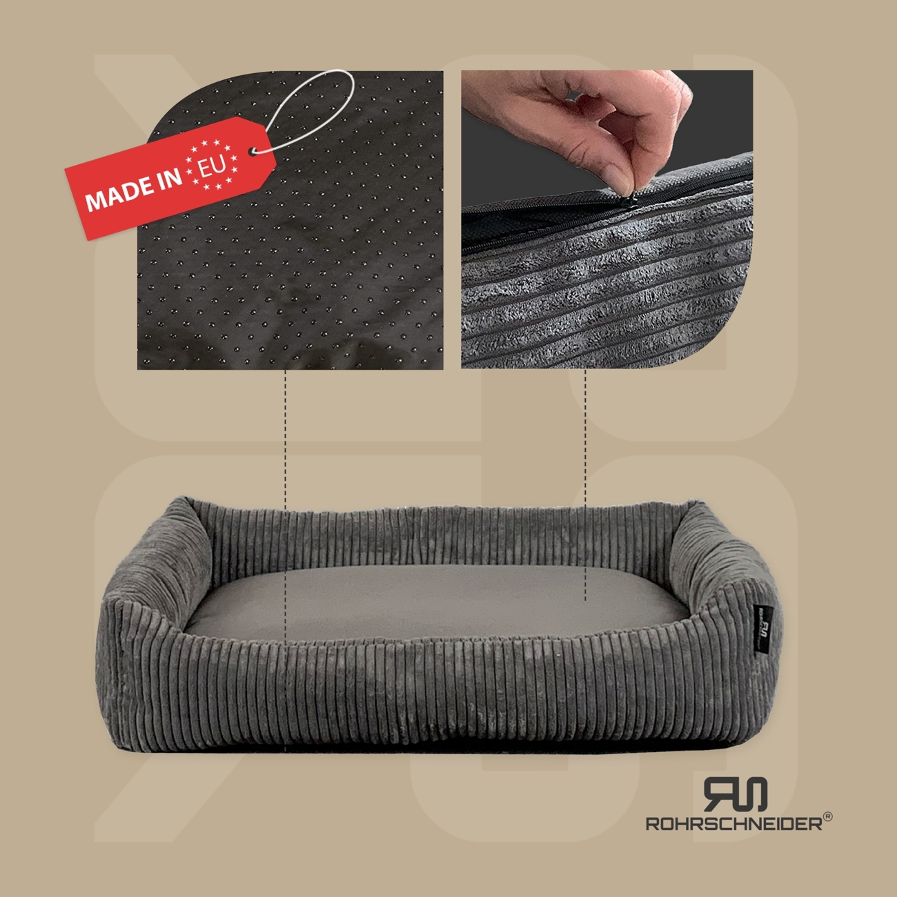 Rohrschneider Hundebetten Rohrschneider Hundebett mit Gratis-Beigabe, waschbar, robuster Breit-Cordstoff grau