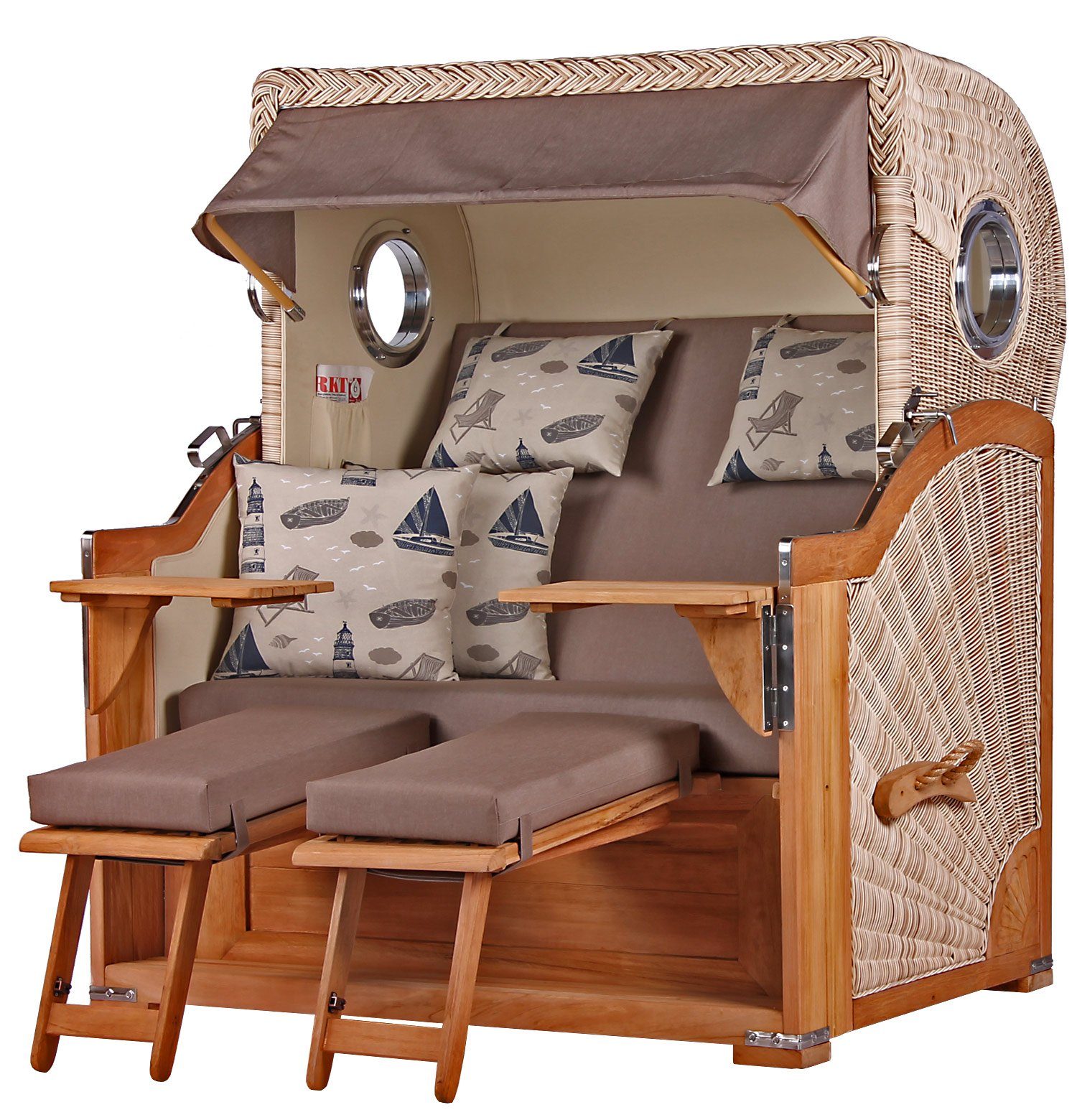 bene living Strandkorb Königssee 2,5-Sitzer Teak - PE shell - Modell 540, BxTxH: 142x95x170 cm, Volllieger ca. 175 Grad, Ostsee-Strandkorb, inkl. Liftersystem und Bullaugen