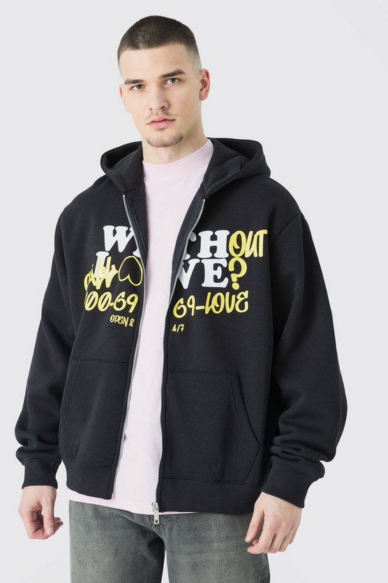 Tall kastiger Hoodie mit Loose Love Print und Reißverschluss