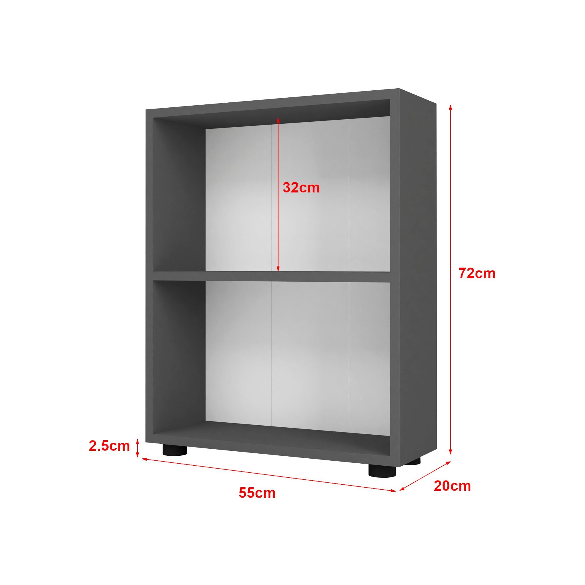 en.casa Bücherregal, Vara Standregal mit 2 Ebenen Wohnzimmerregal 72x55x20cm Anthrazit