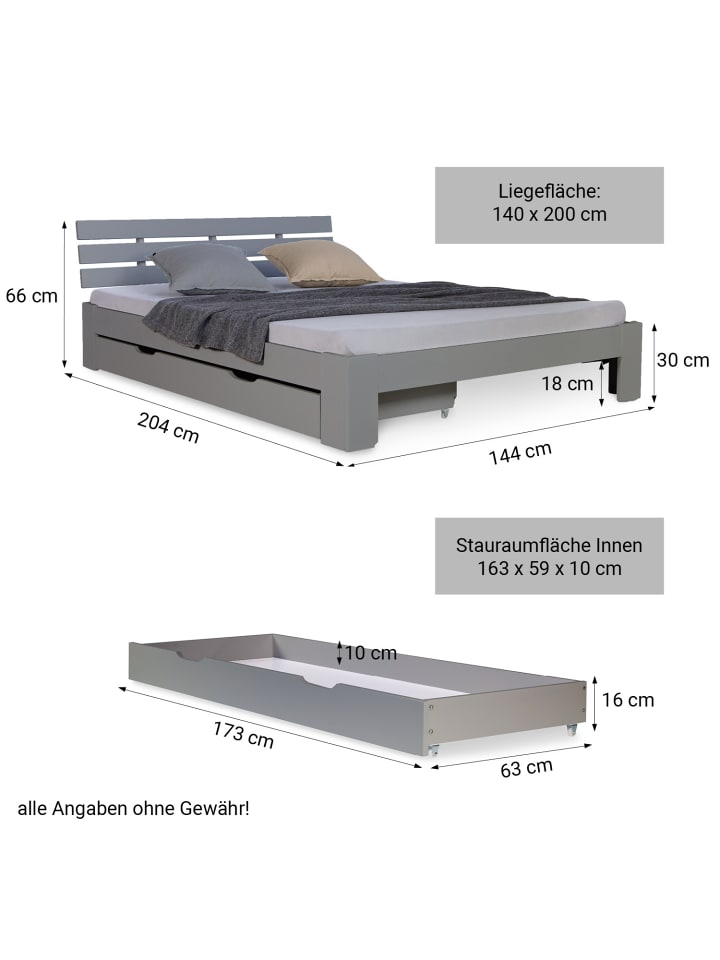Homestyle4u Holzbett 140x200 mit Lattenrost und Bettkasten in Grau günstig kaufen 140 x 200 cm