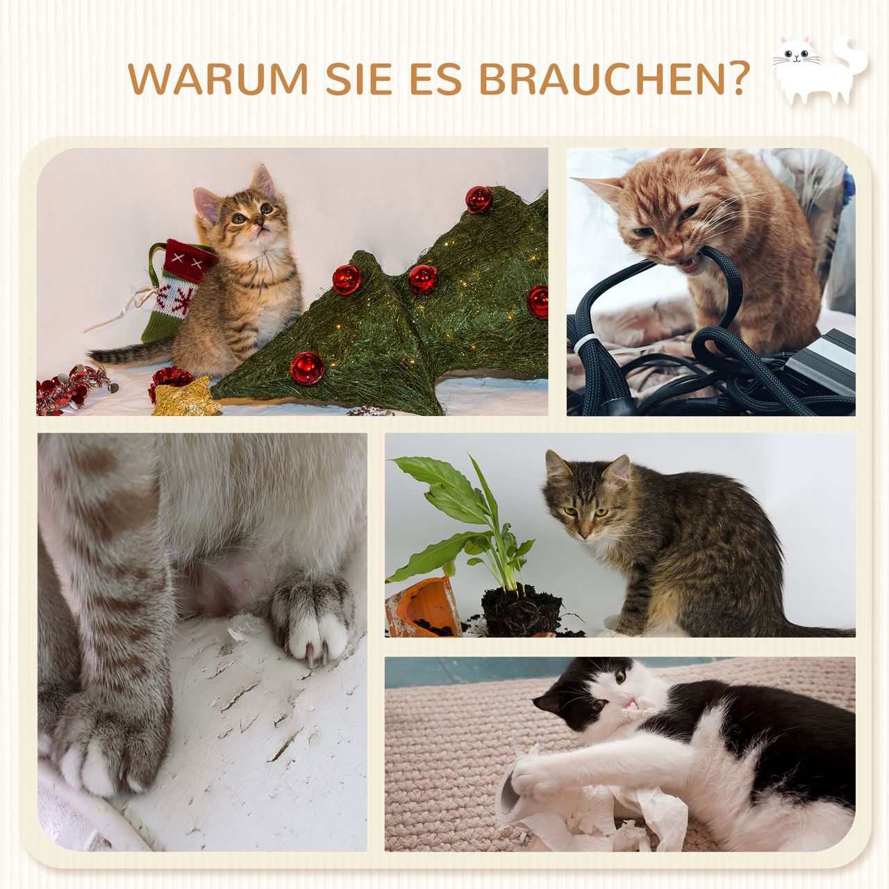 PawHut Katzentreppen-Set 2 Kratzstämme 2 Plattformen mit Plüsch Hängematte Beige