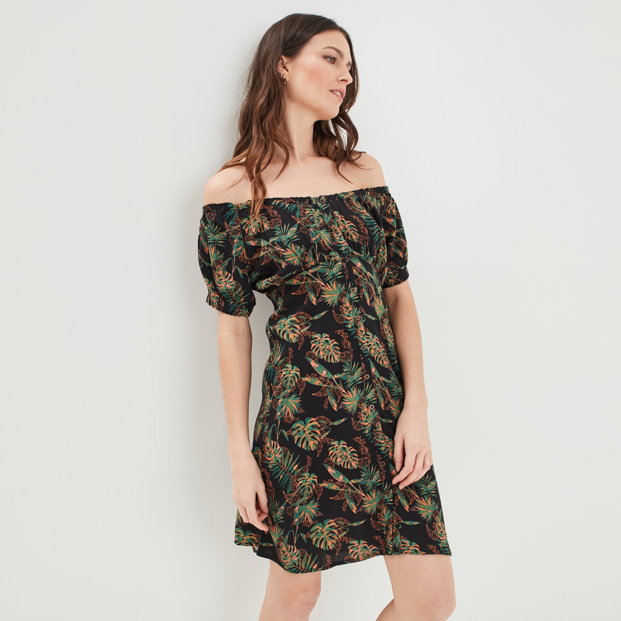 Robe évasée à col bardot noir femme | La Halle