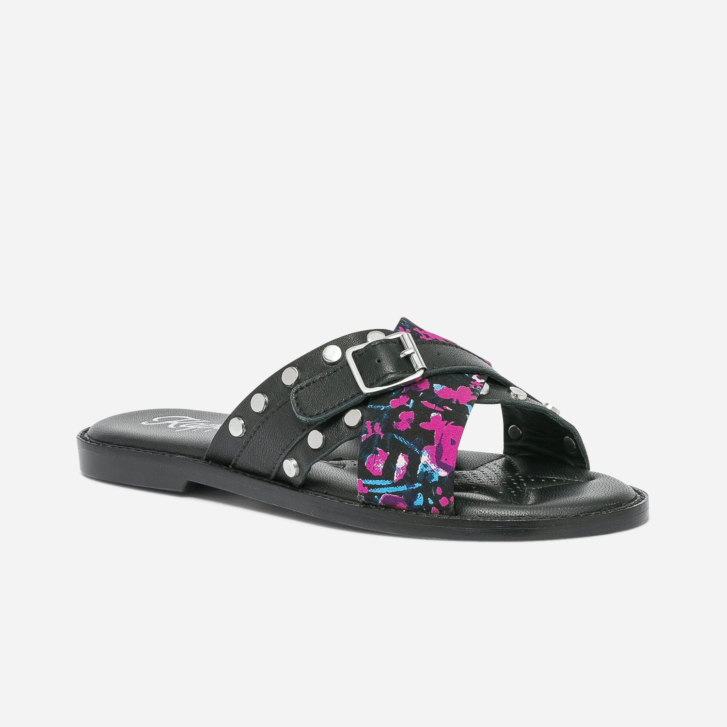 Mule KAPORAL noire en cuir avec imprimé fleurs