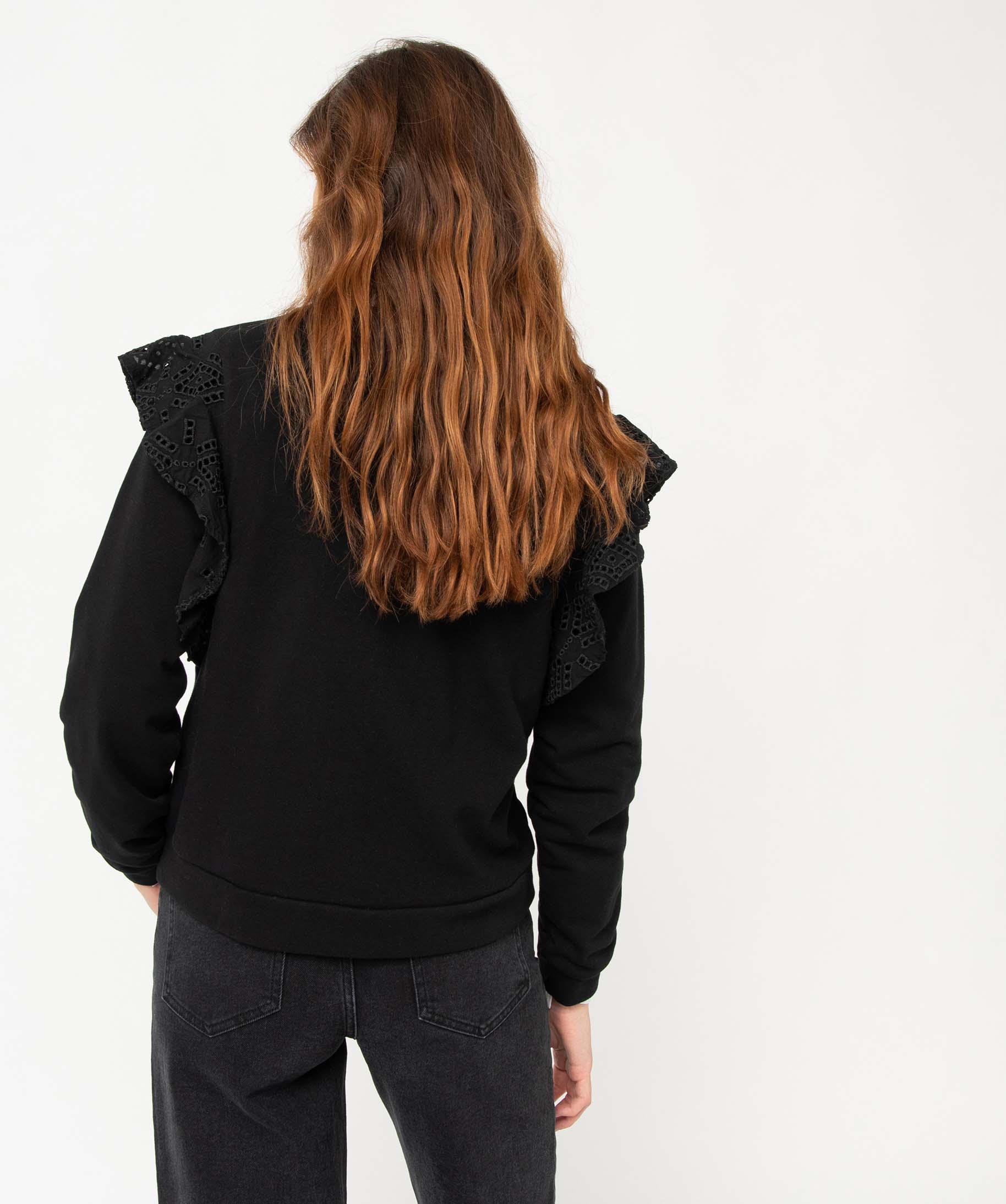 Sweat femme avec volant en dentelle anglaise noir | GEMO