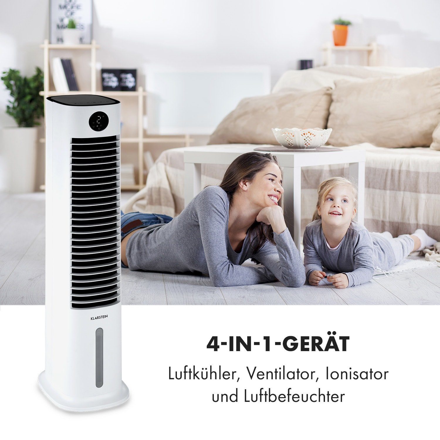 Klarstein Ventilatorkombigerät Skytower Grand Smart Luftkühler, mit Wasserkühlung & Eis mobil Klimagerät ohne Abluftschlauch