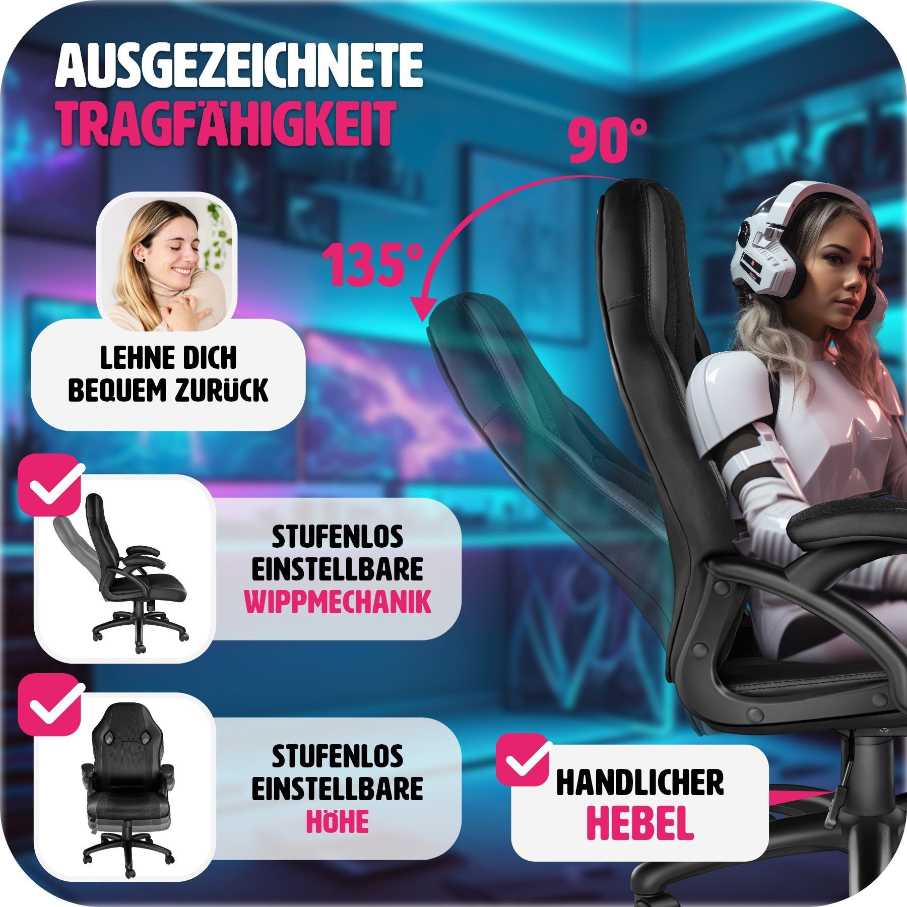 tectake Gaming-Stuhl Goodman (1er, 1 St), einstellbare Wippmechanik