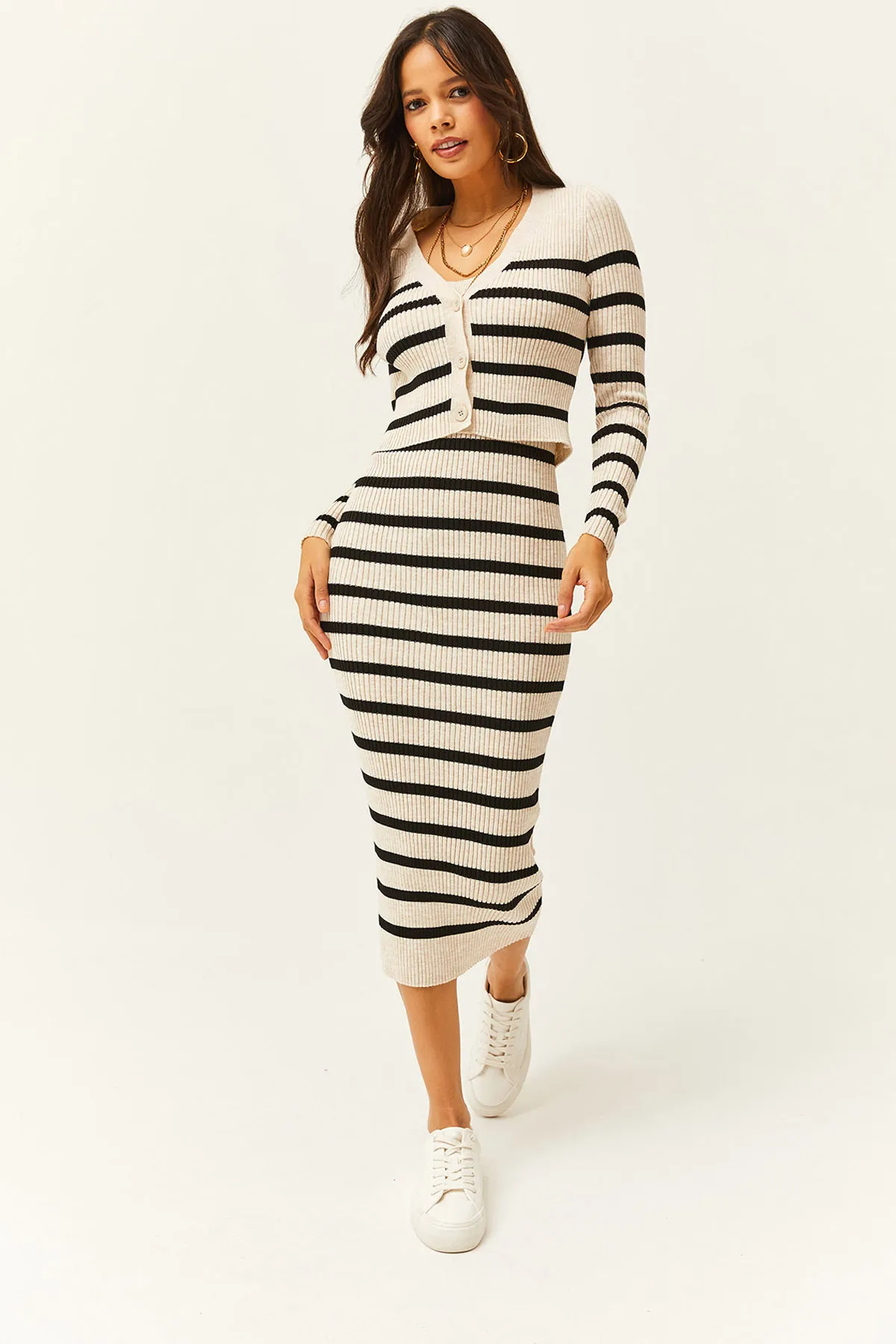 Olalook  Damen-Cardigan-Unterwäschekleid mit Steinoberteil, gestreifter Strickanzug TKM-19000244