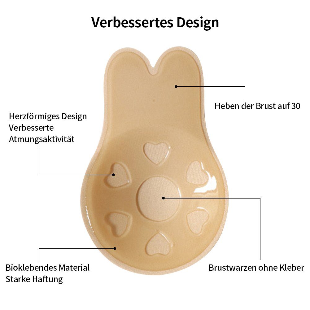 TWSOUL Brustwarzenabdeckung SilikonAnti-Sagging unsichtbares atmungsaktives Brustpflaster Beige, Brustaufnäher in Form von Hasenohren Leichtes Anheben