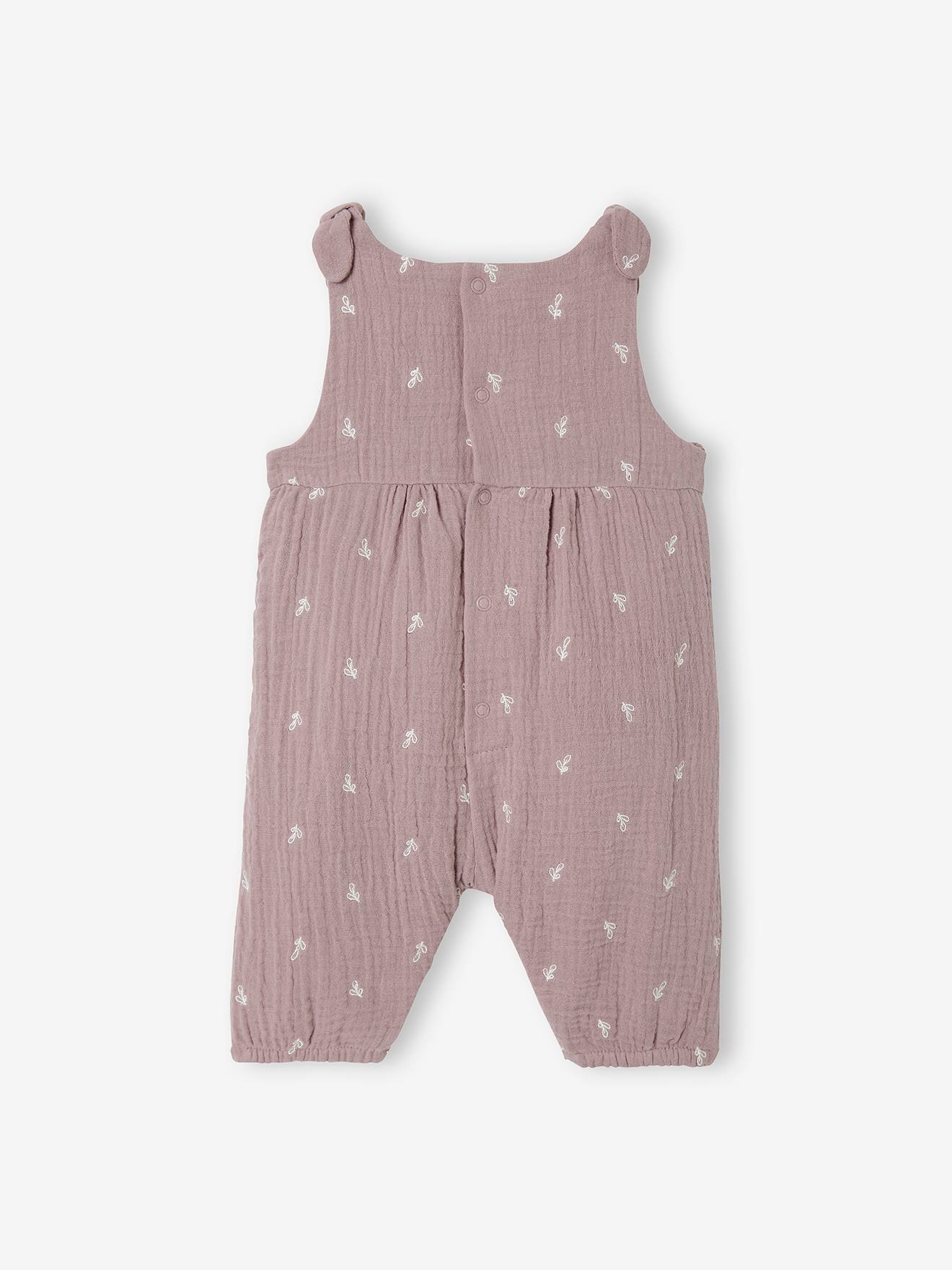 Combinaison bébé naissance brodée en gaze de coton tilleul