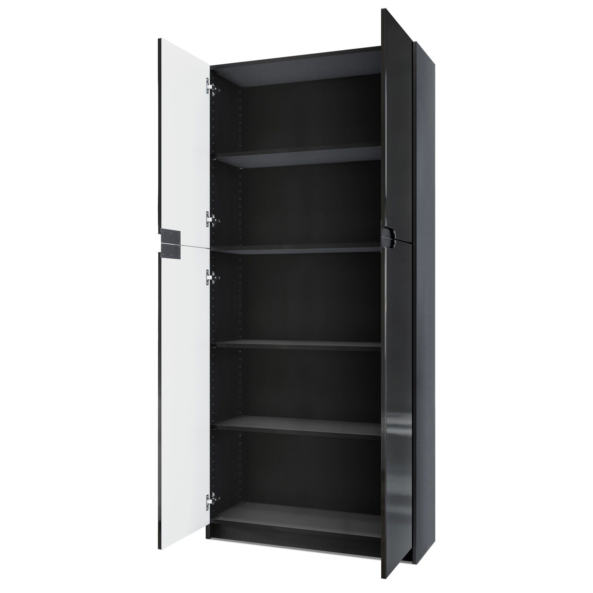 Vladon Aktenschrank Logan (Aktenschrank, mit 5 Fächern und 4 Türen) Schwarz matt/Schwarz Hochglanz (82 x 185 x 37 cm)
