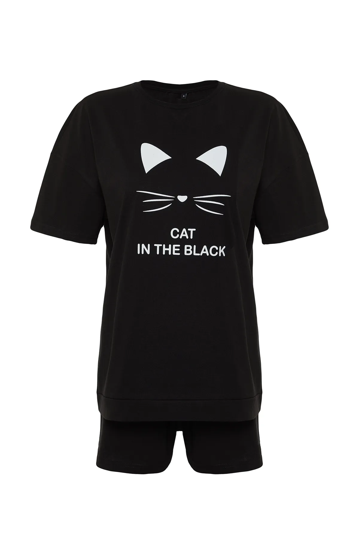 Trendyol Collection  Schwarzes, gestricktes Pyjama-Set mit weiter Passform und Katzen-Print aus 100 % Baumwolle THMSS24PT00079