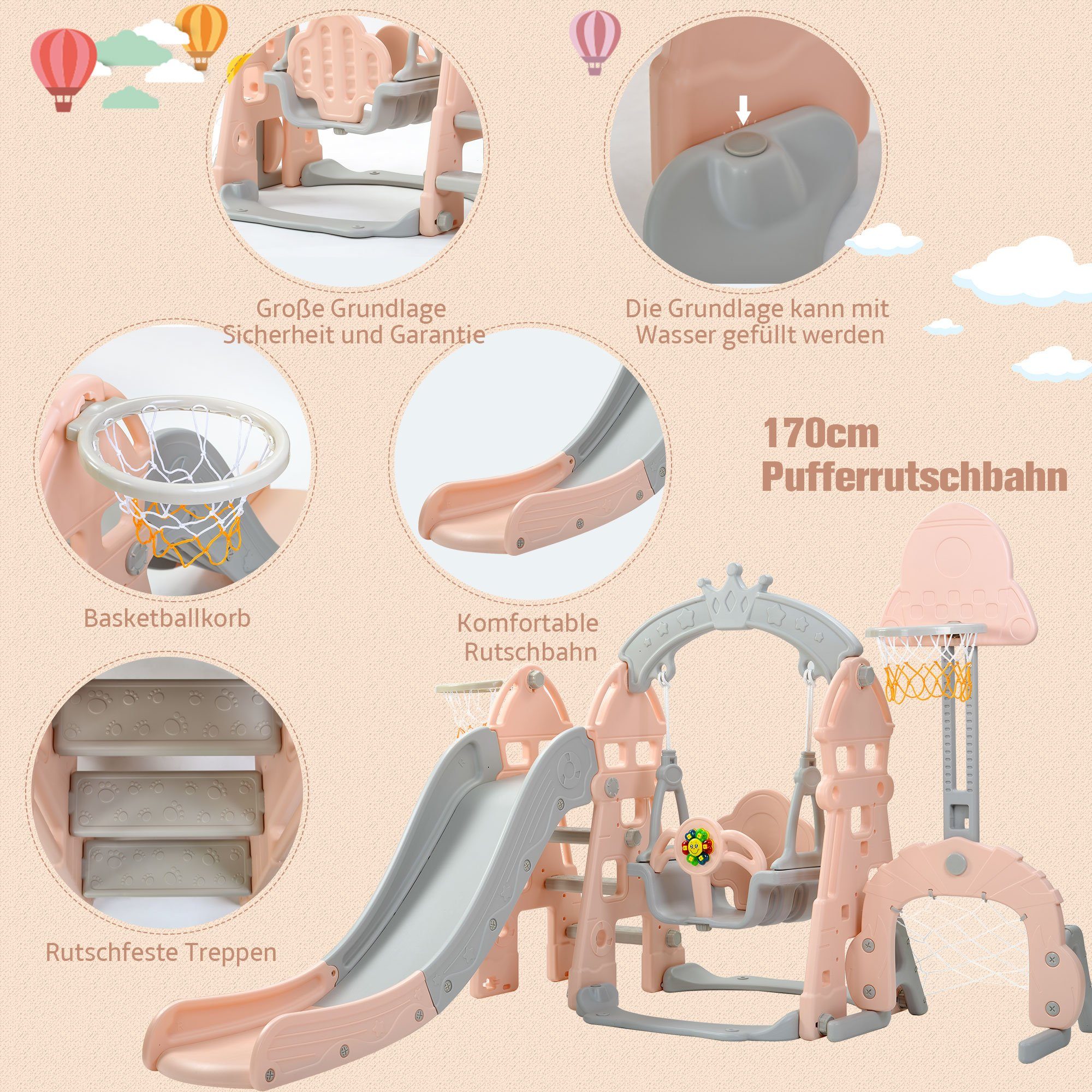 HAUSS SPLOE Indoor-Rutsche Rutsche 5-in-1 Kinderrutsche Rutsche & Kletterspielzeug, (Schaukel Rutsche Gartenrutsche + Basketballkorb Fußballtor Kletterturm), mit Rutschbahn für 2-8 Jahre Kinder Indoor & Outdoor