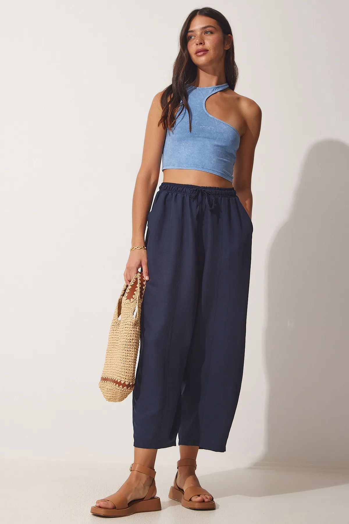 Happiness İstanbul  Marineblaue Shalwar-Hose aus Leinenviskose mit Taschen CV00001 für Damen