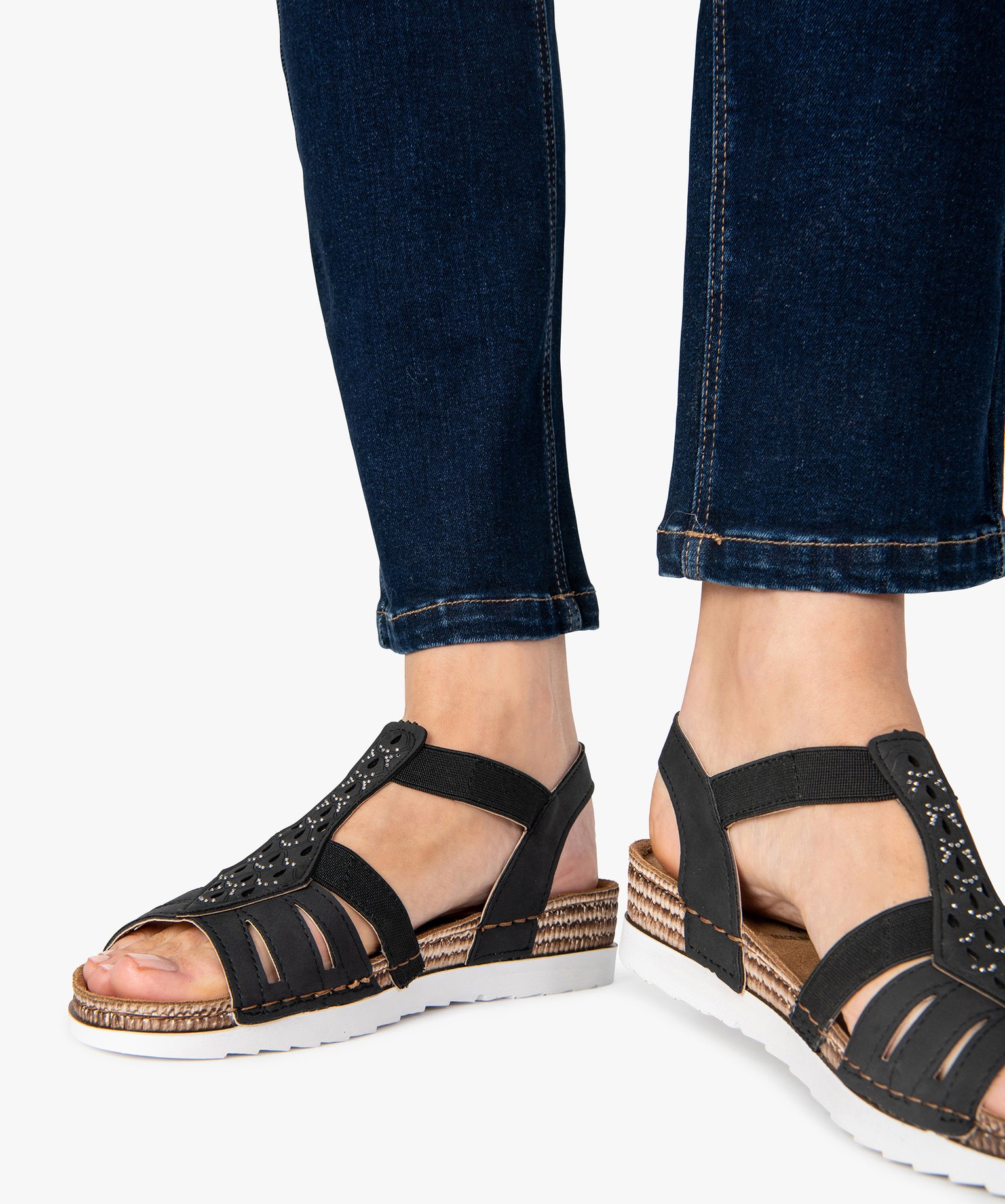 Sandales femme confort à brides élastiques et strass noir | GEMO