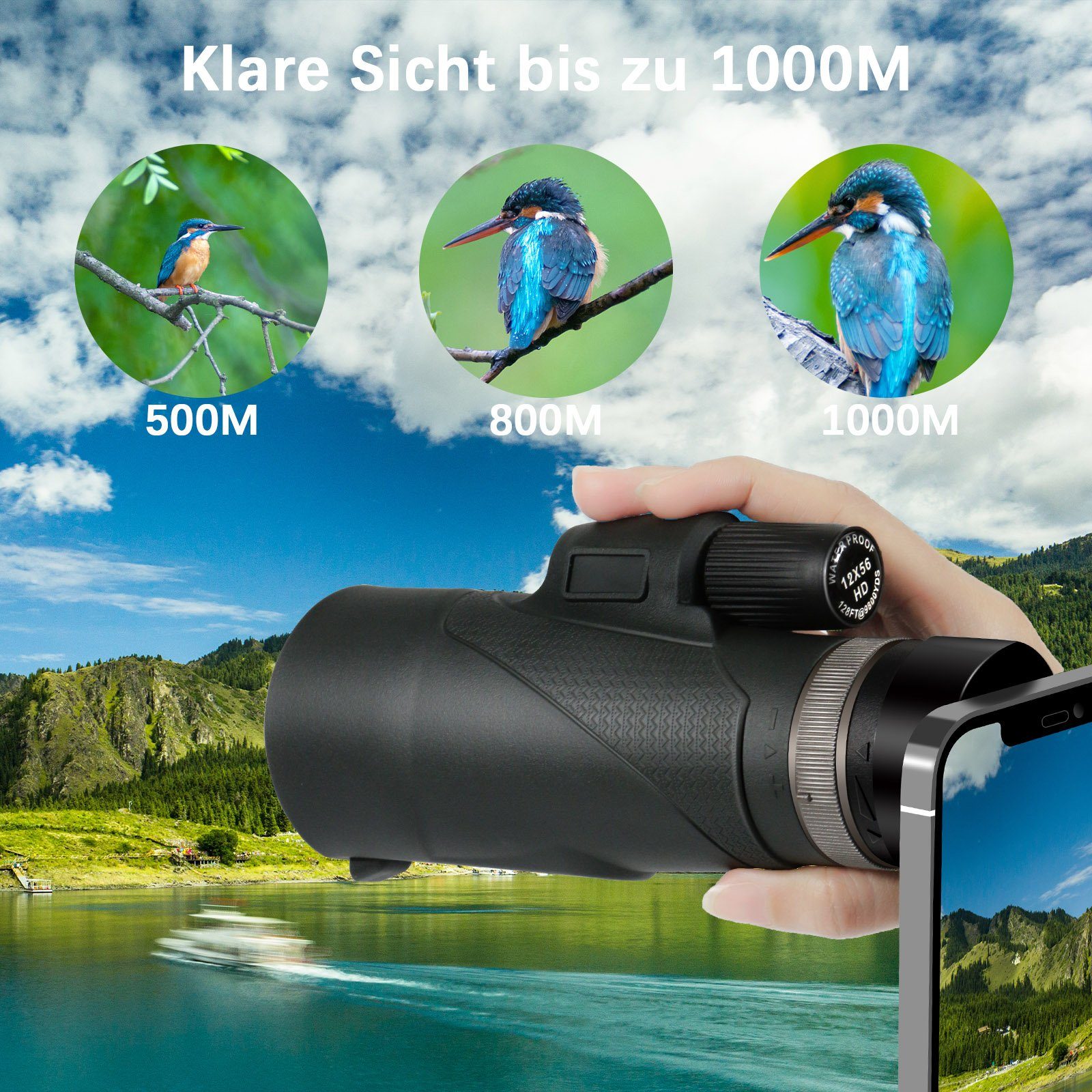 iceagle Linsenteleskop Monokular Teleskop mit Stativ und Handyhalterung, 12x56 HD