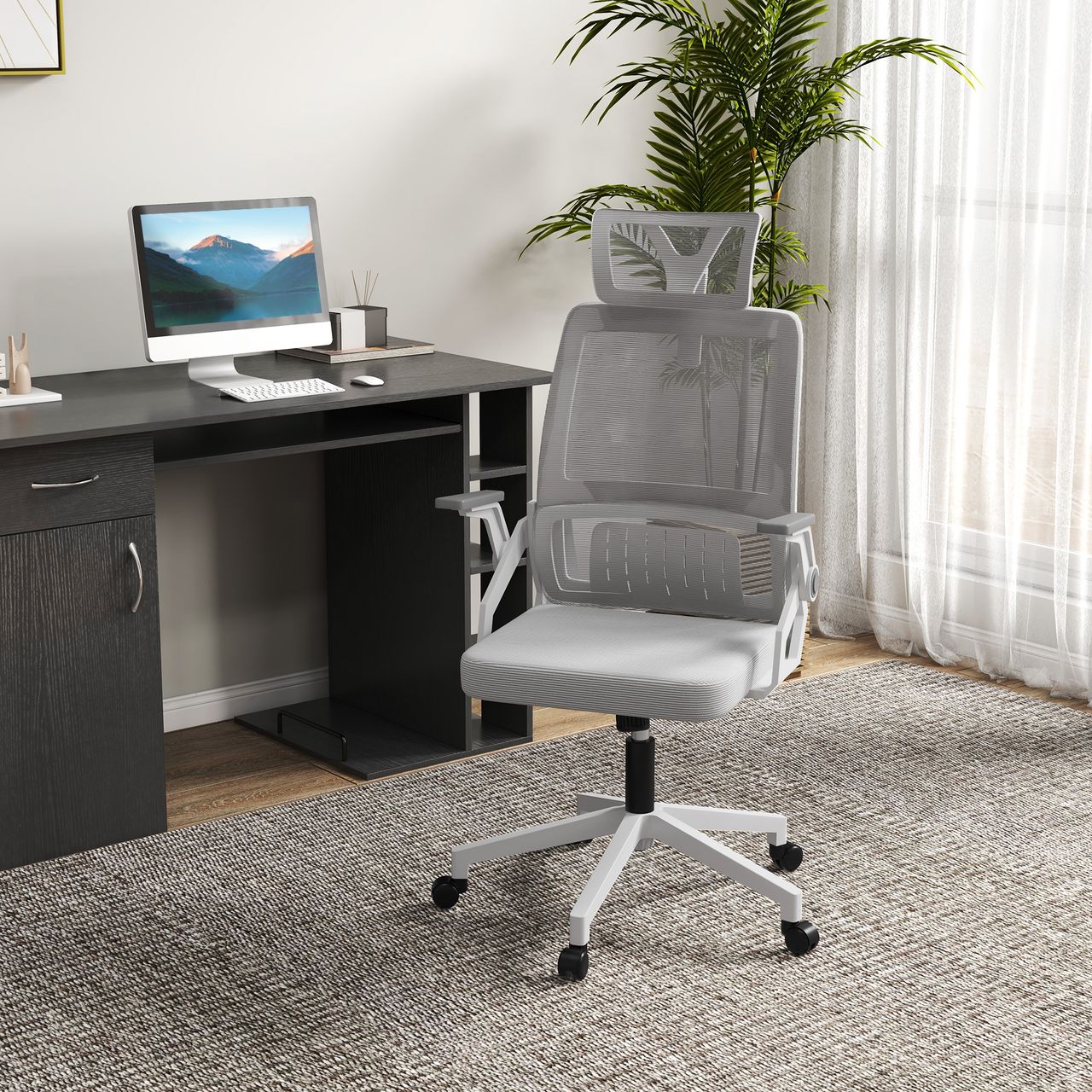 Vinsetto Bürostuhl Ergonomisch, Schreibtischstuhl mit Verstellbar Kopfstütze Mesh, Grau