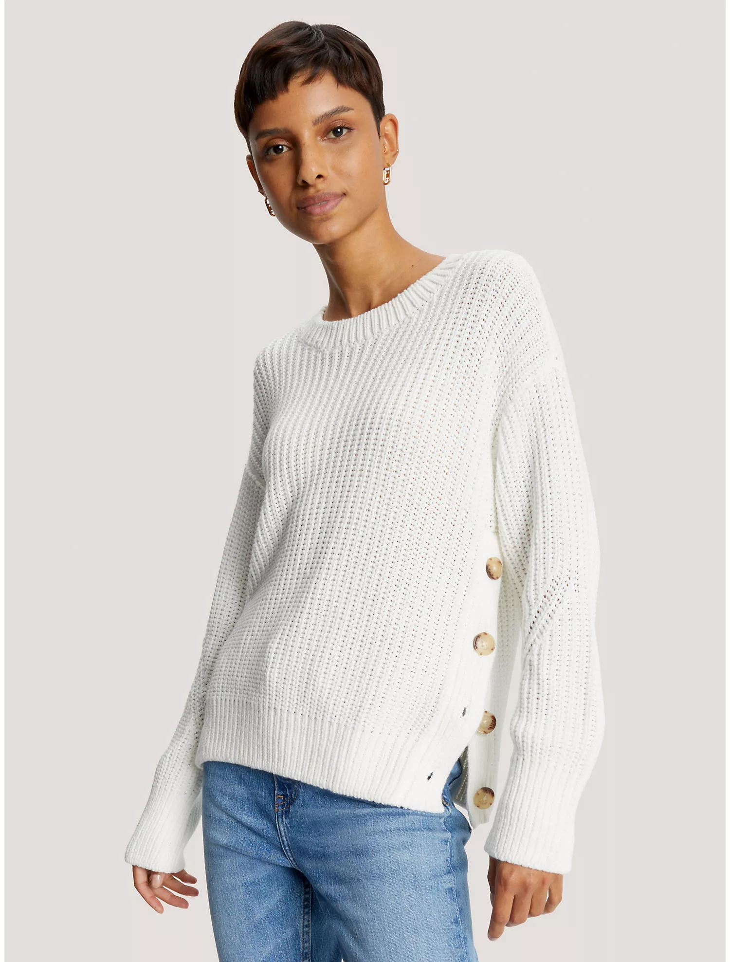 Side-Button Crewneck Sweater