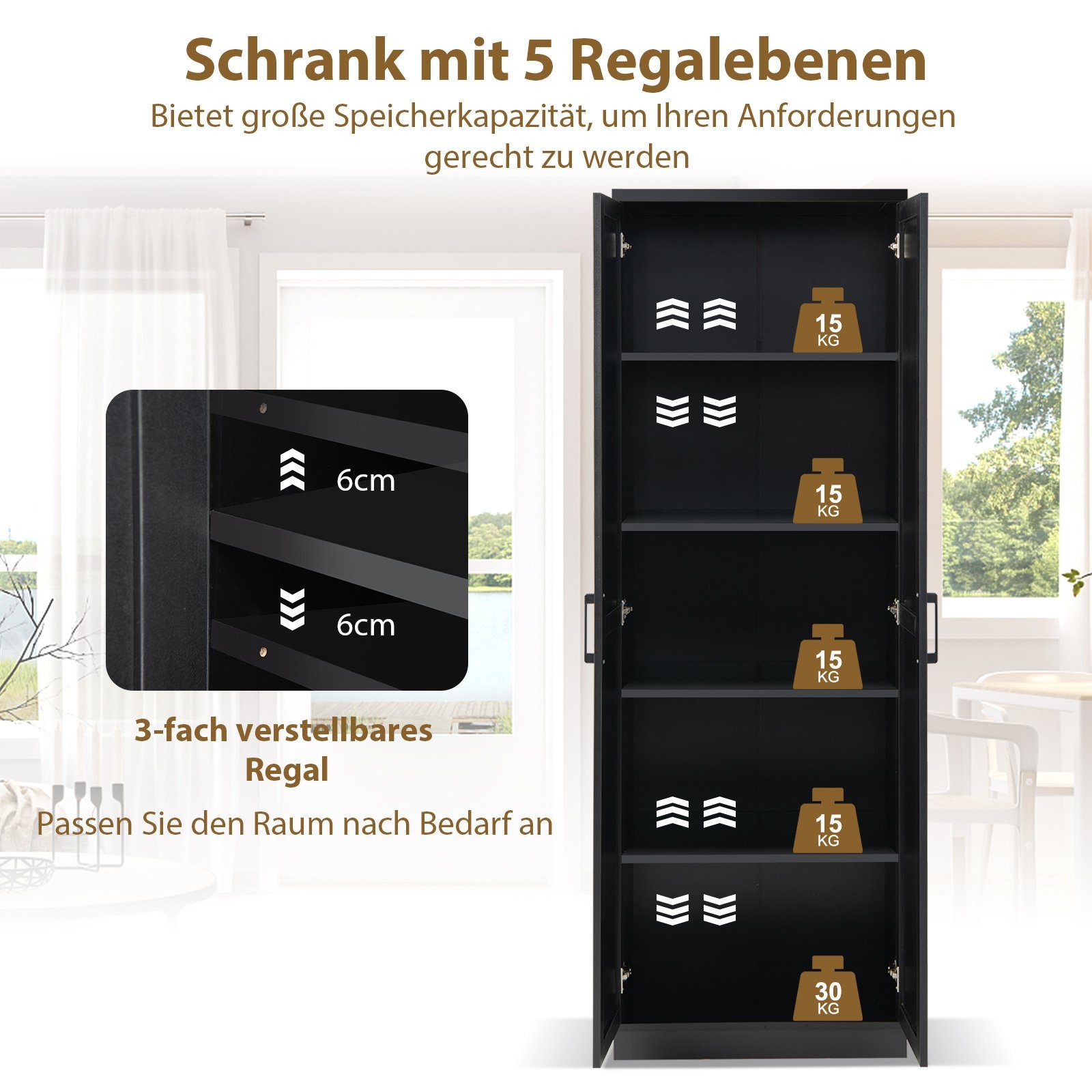 COSTWAY Küchenbuffet Küchenschrank hoch, mit Türen & Regalen, 59x43,5x178cm