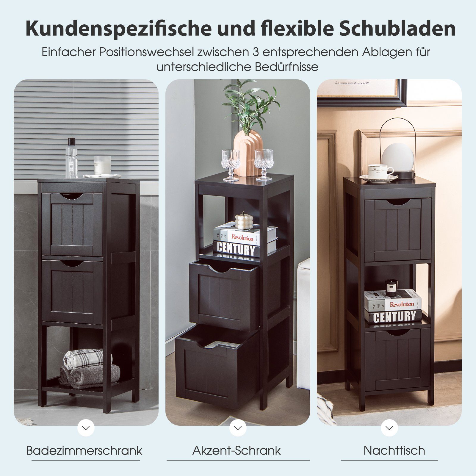 COSTWAY Badkommode, Badezimmerschrank, mit 2 Schubladen & Regal, 30x30x90cm