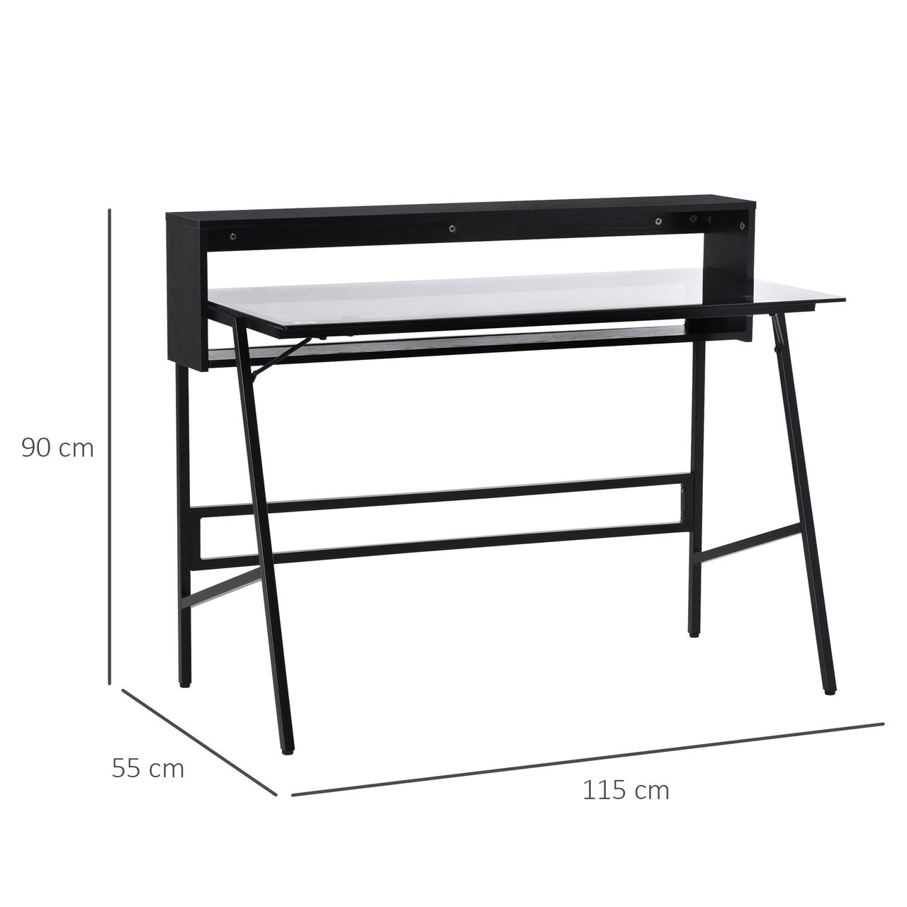 HOMCOM Computertisch Schreibtisch mit zwei Ablagen moderner Gamingtisch mit gehärtetem Glasplatte Home-Office verstellbare Fußmatte Stahl Spanplatte Schwarz Grau 115 x 55 x 90 cm