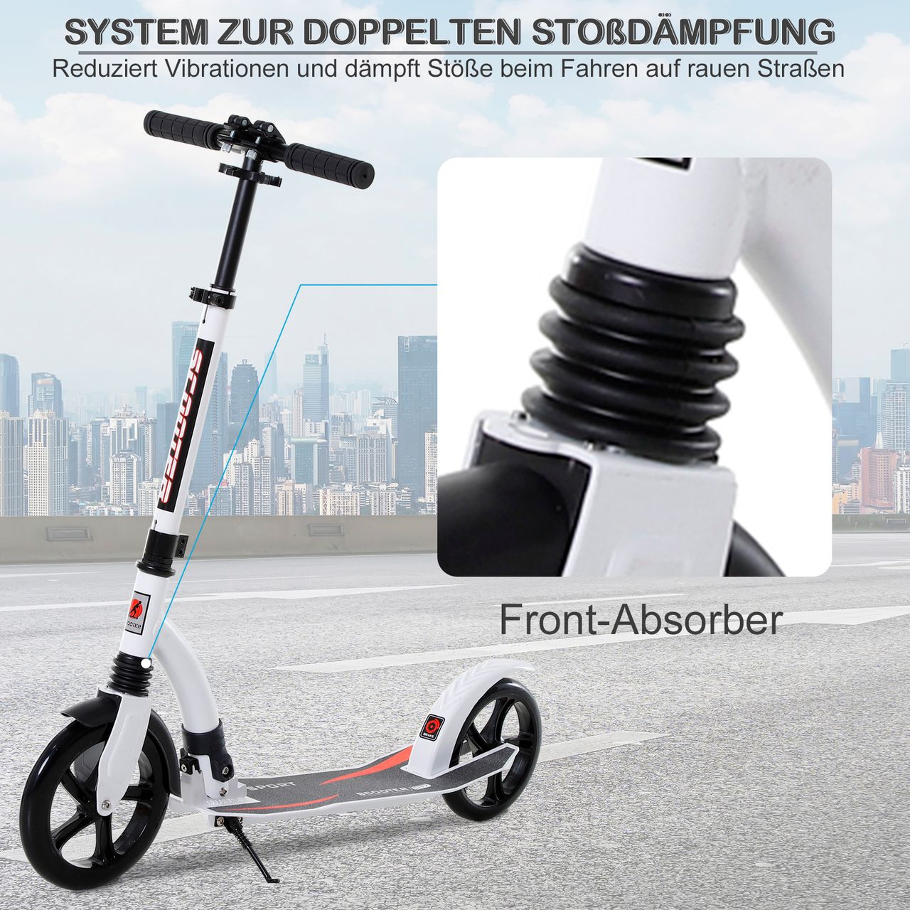 Outsunny HOMCOM Kinderscooter Kickscooter mit Stoßdämpfung Tretroller Weiß 92,5 x 37,5 x 87-101,5 cm