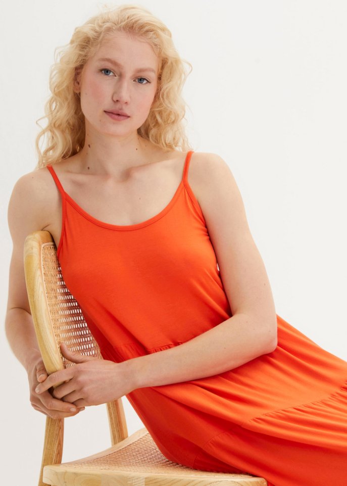 Shirtkleid mit Volants und verstellbaren Spaghetti-Trägern in Midi-Länge, A-Line