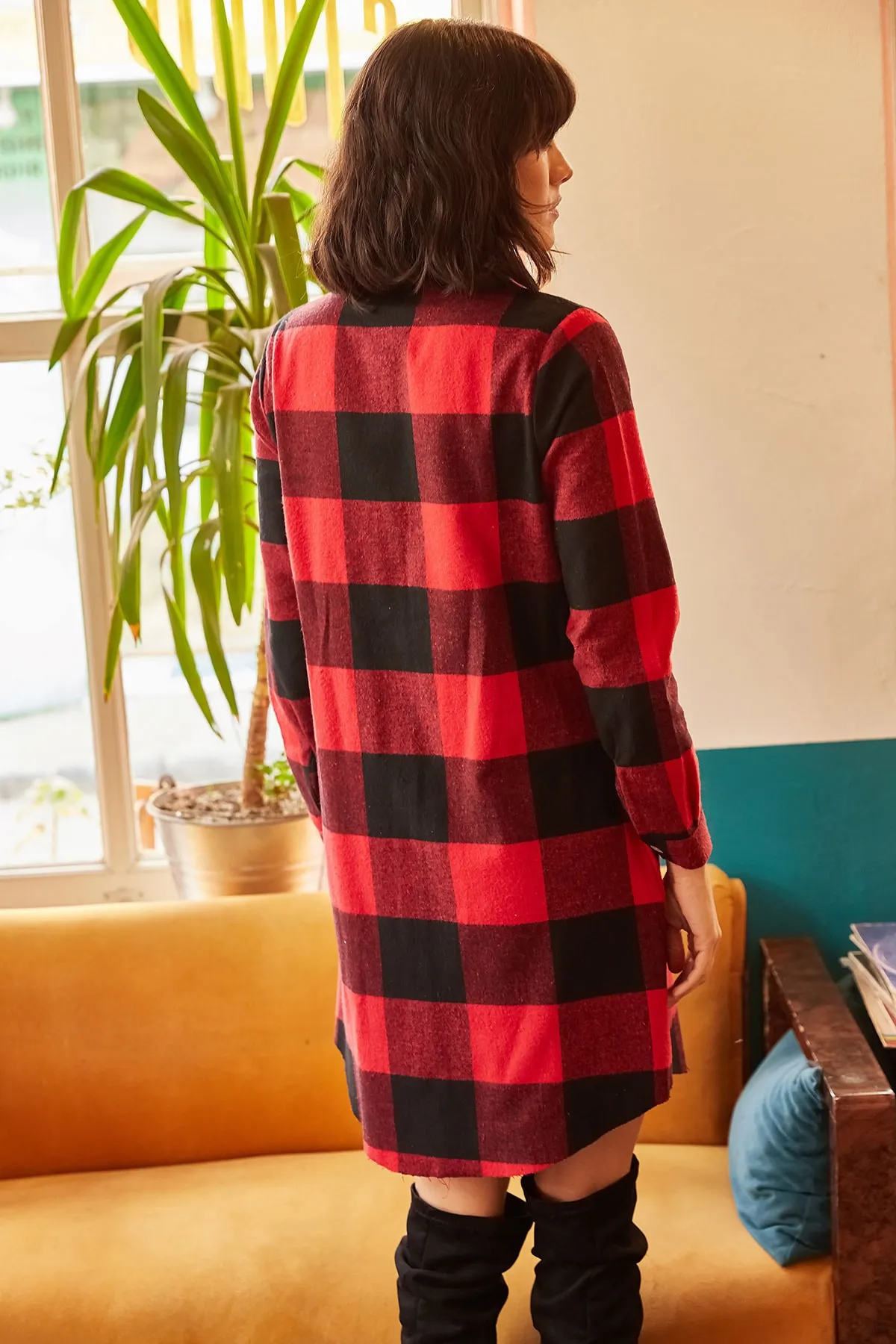 Olalook  Rotes Lumberjack-Tunikakleid mit dickem Karomuster für Damen ELB-19000836