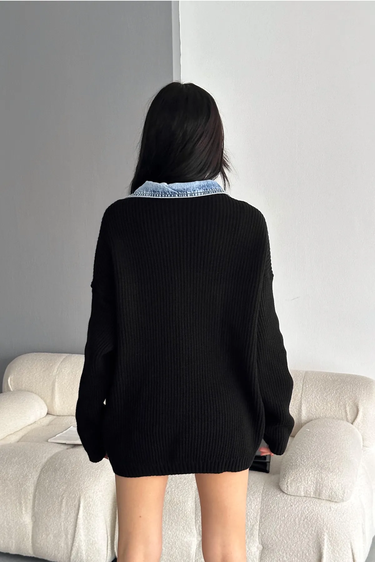 FEMELLE  Damen-Cardigan aus schwarzem, übergroßem Jeans-Jeansgarn mit Ärmeln und Taschen