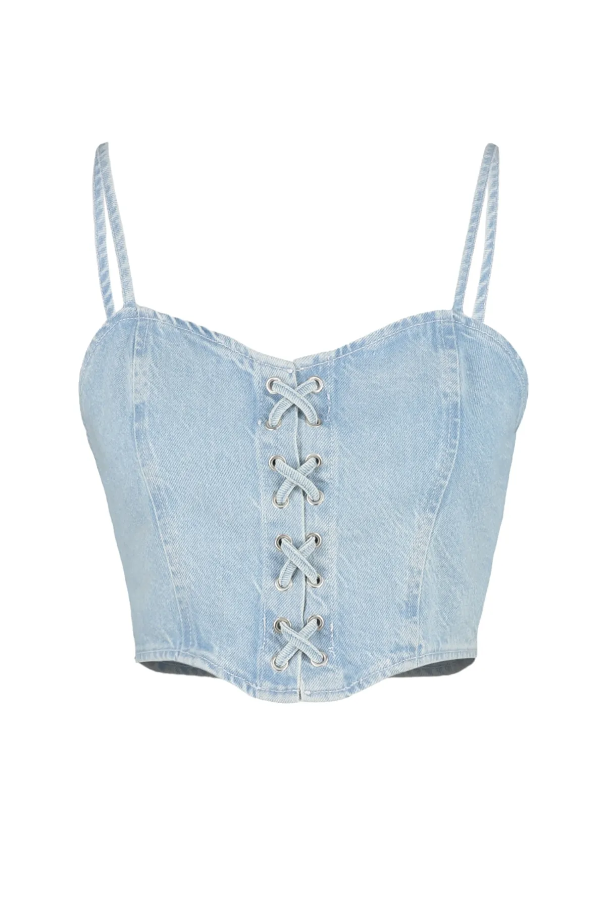 Trendyol Collection  Blaues Bird-Eye-Denim-Bustier TWOSS23BS00010