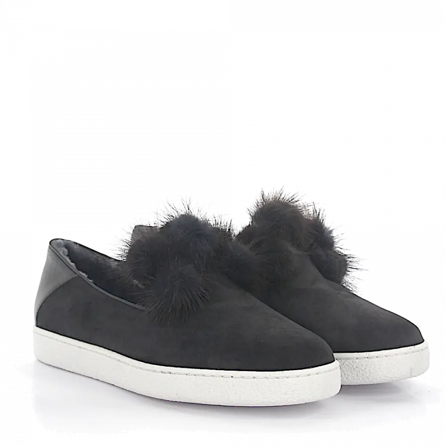 Unützer - Halbschuh Slipper 8131 Leder Veloursleder grau Fell - grau