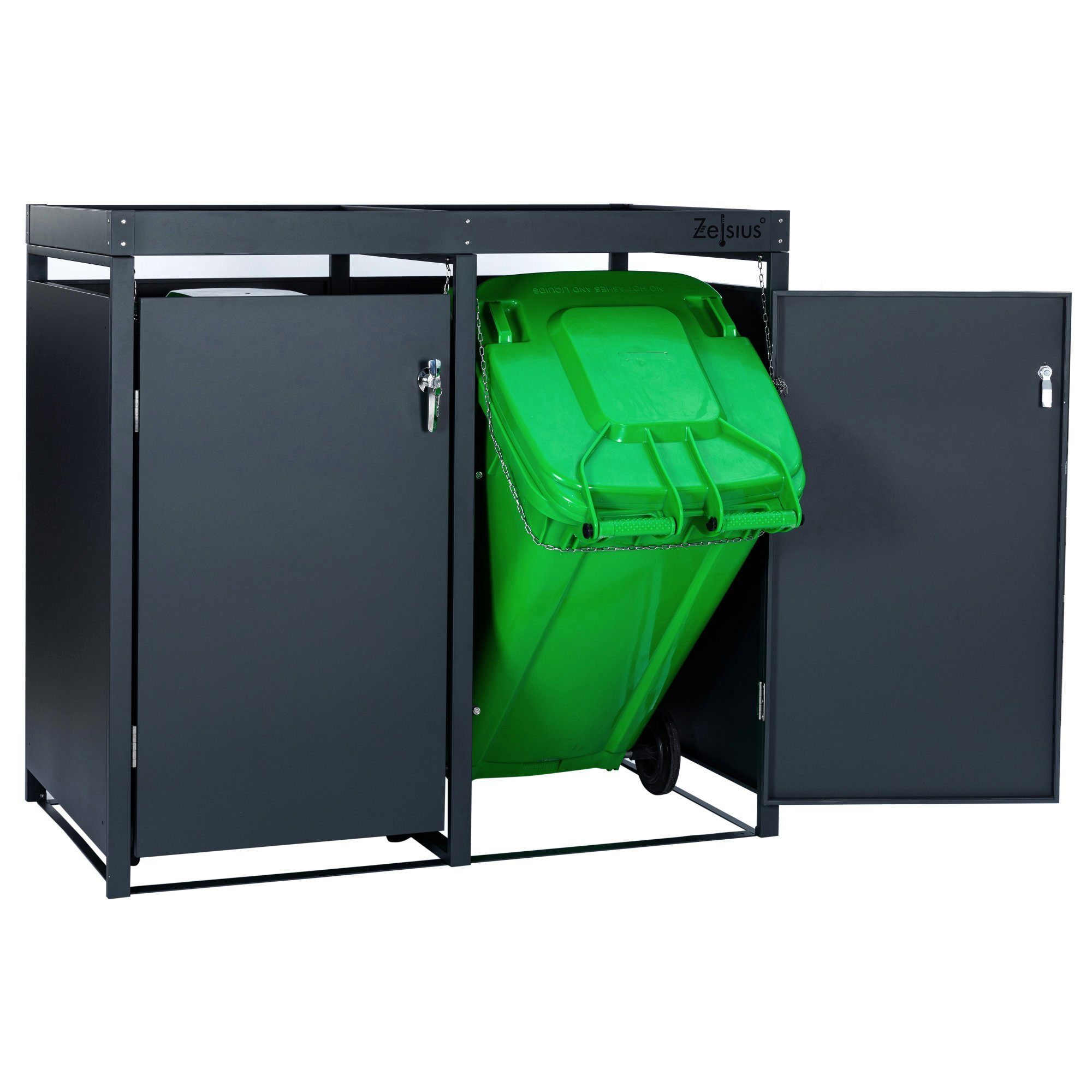 Zelsius Mülltonnenbox Mülltonnenbox mit Pflanzdach für vier 120 - 240 Liter Mülltonnen (2 Doppelboxen, 2 Doppelboxen), Abschließbare Tür