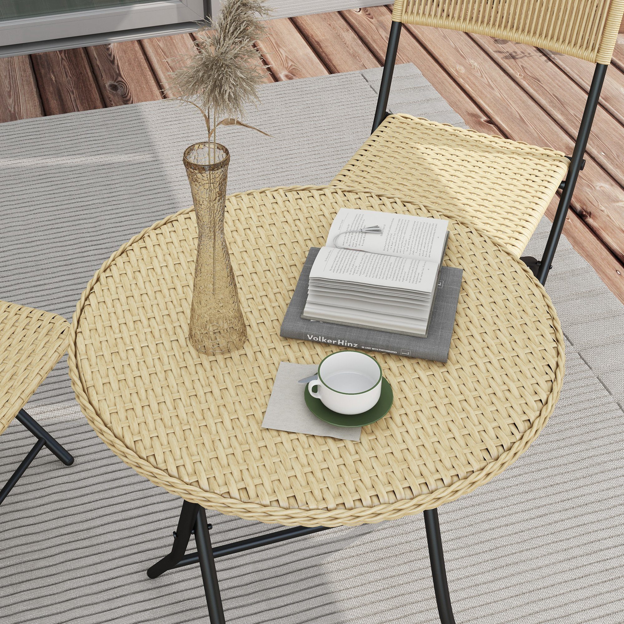 Outsunny Sitzgruppe Rattan Gartenmöbel-Set 3-TLG. Bistro-Set inkl. Couchtisch, 2 Stühle, (Balkonmöbel-Set, 3-tlg., Balkon-Sitzgarnitur), für Balkon, Terrasse, Stahl, Gelb