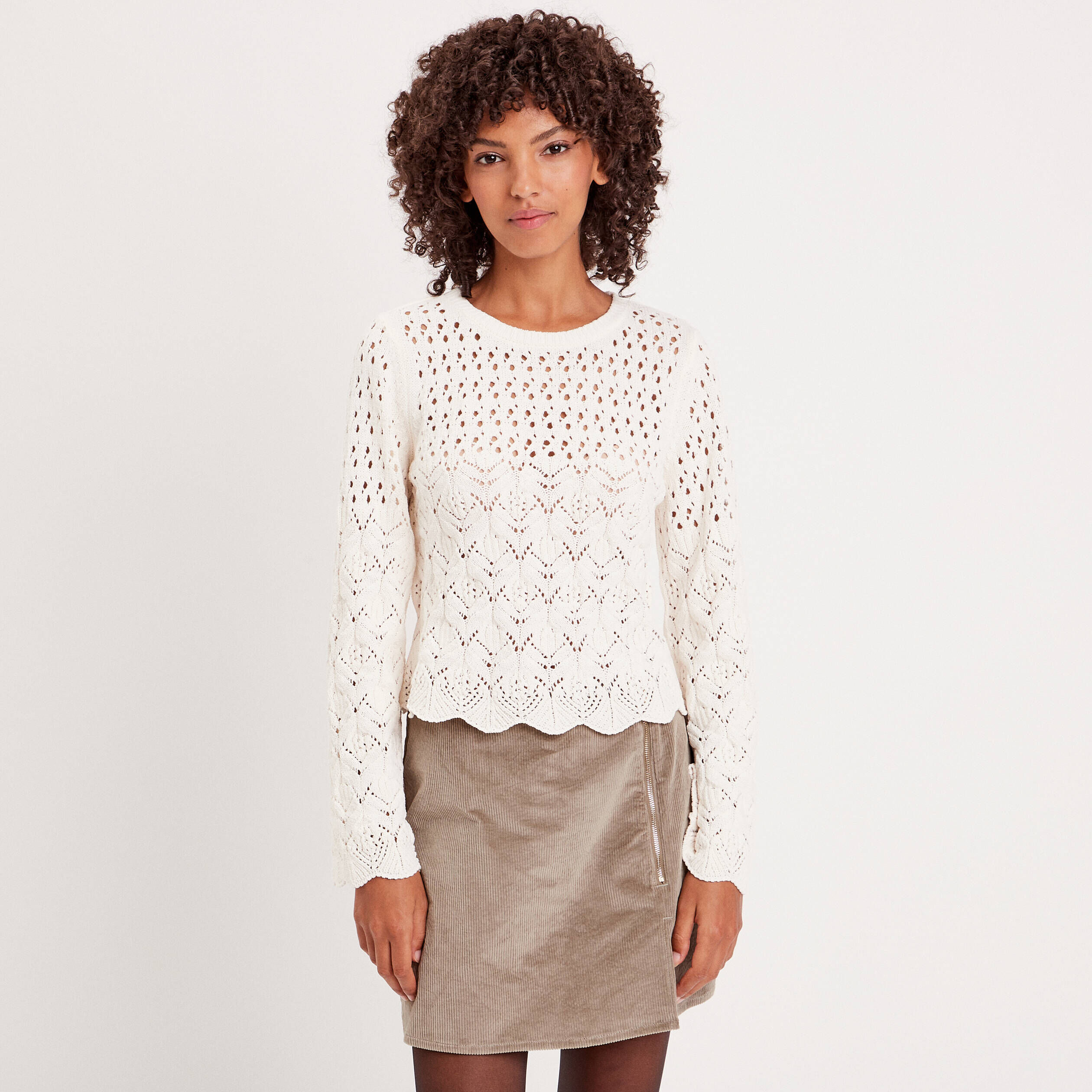 Pull ajouré avec bord festonné ivoire femme | Cache Cache