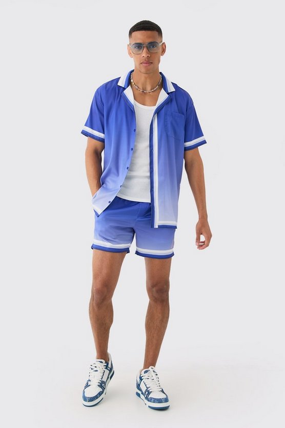 Kurzärmliges Oversize Satin-Hemd & Shorts mit Farbverlauf