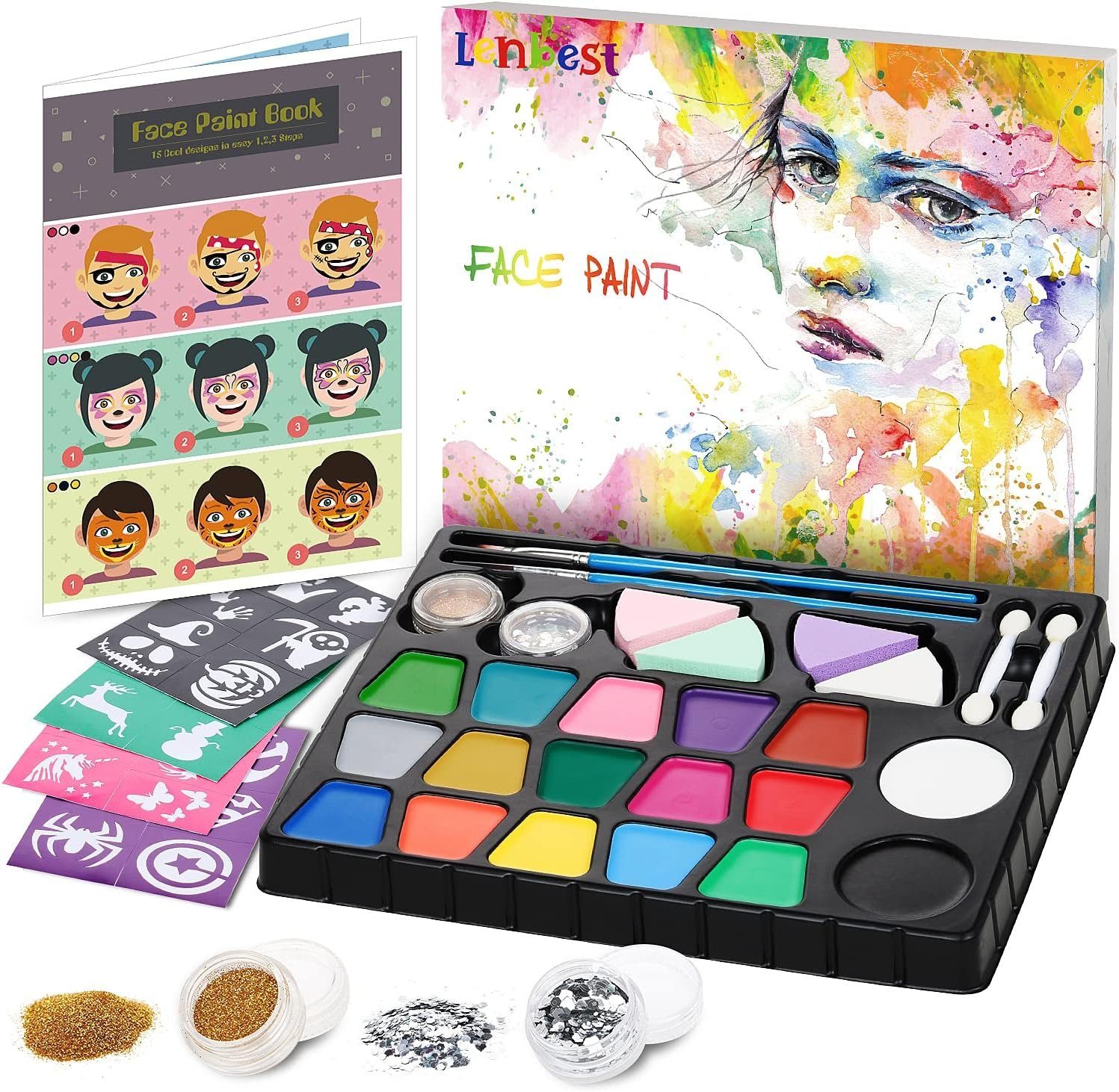 LENBEST Schmink-Set Schminke Kinder 17 Farben Glitzer Pinsel Make Up Schwamm Schablonen, Kinderschminke Set, Halloween Fasching Karneval Schminke Kinder, Faschingsschminke Theaterschminke Karnevalsschminke