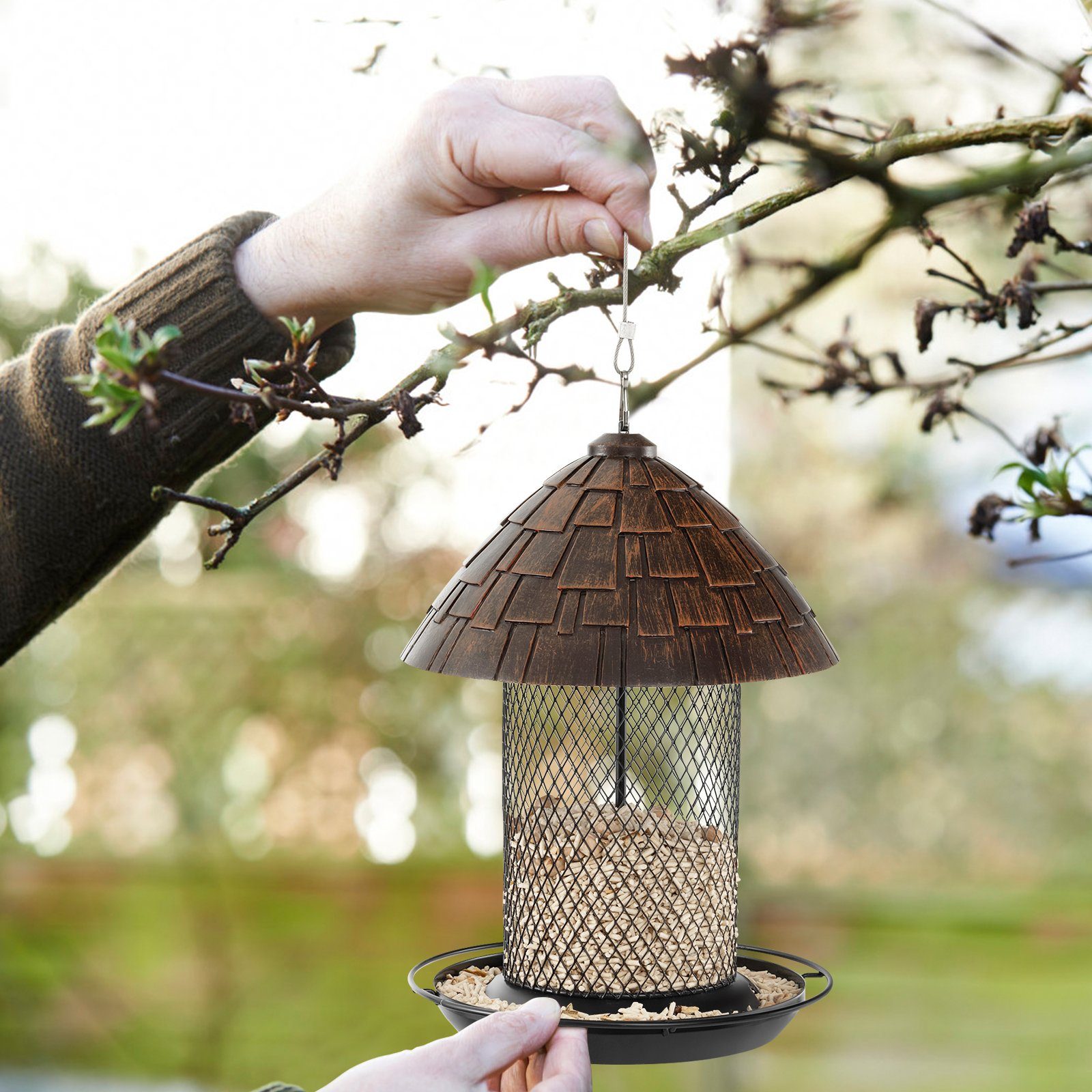 COSTWAY Futterspender, Vogelfutterhaus mit Sitzstange, 20 x 20 x 28 cm